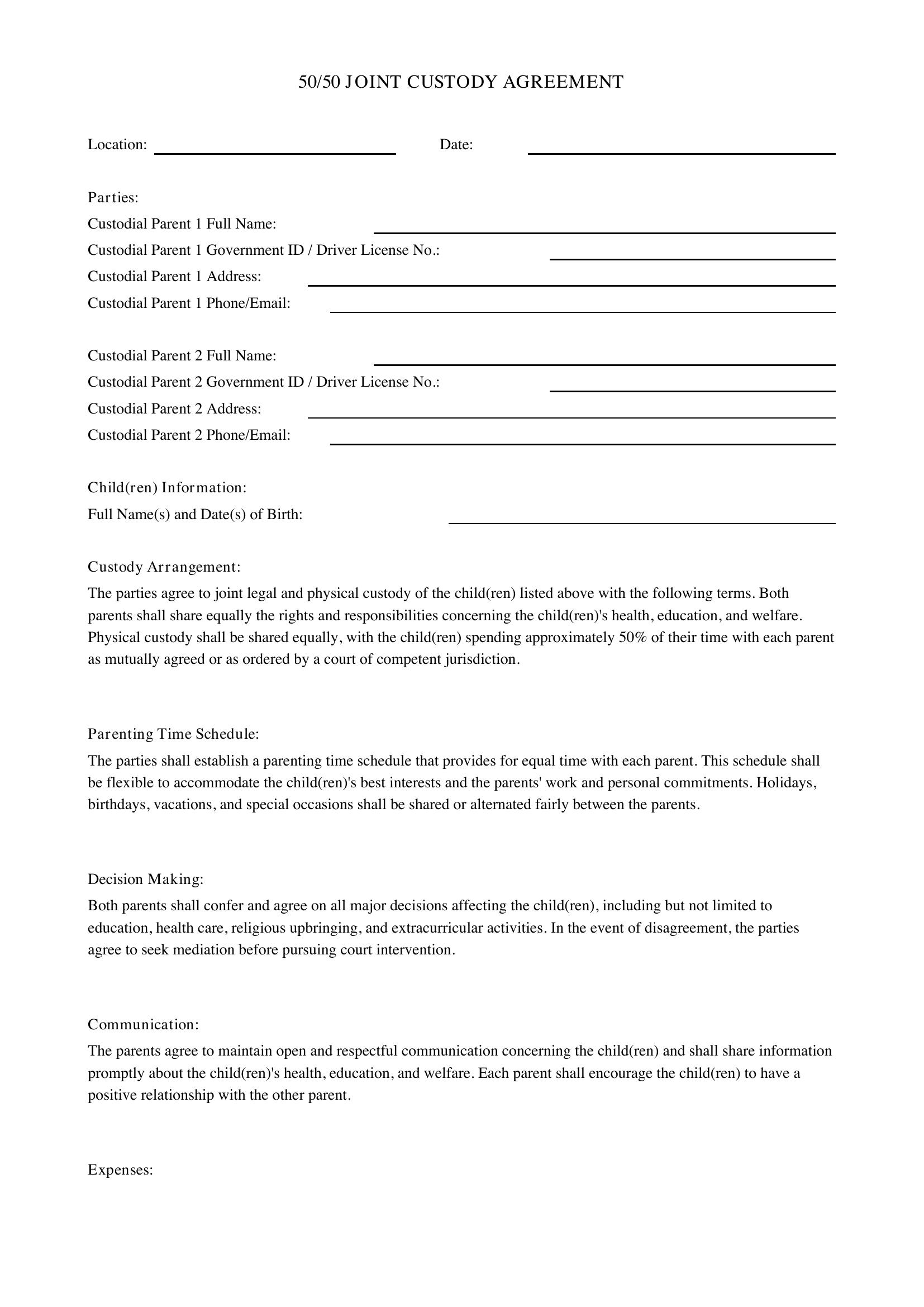 50 50 Custody Agreement Template