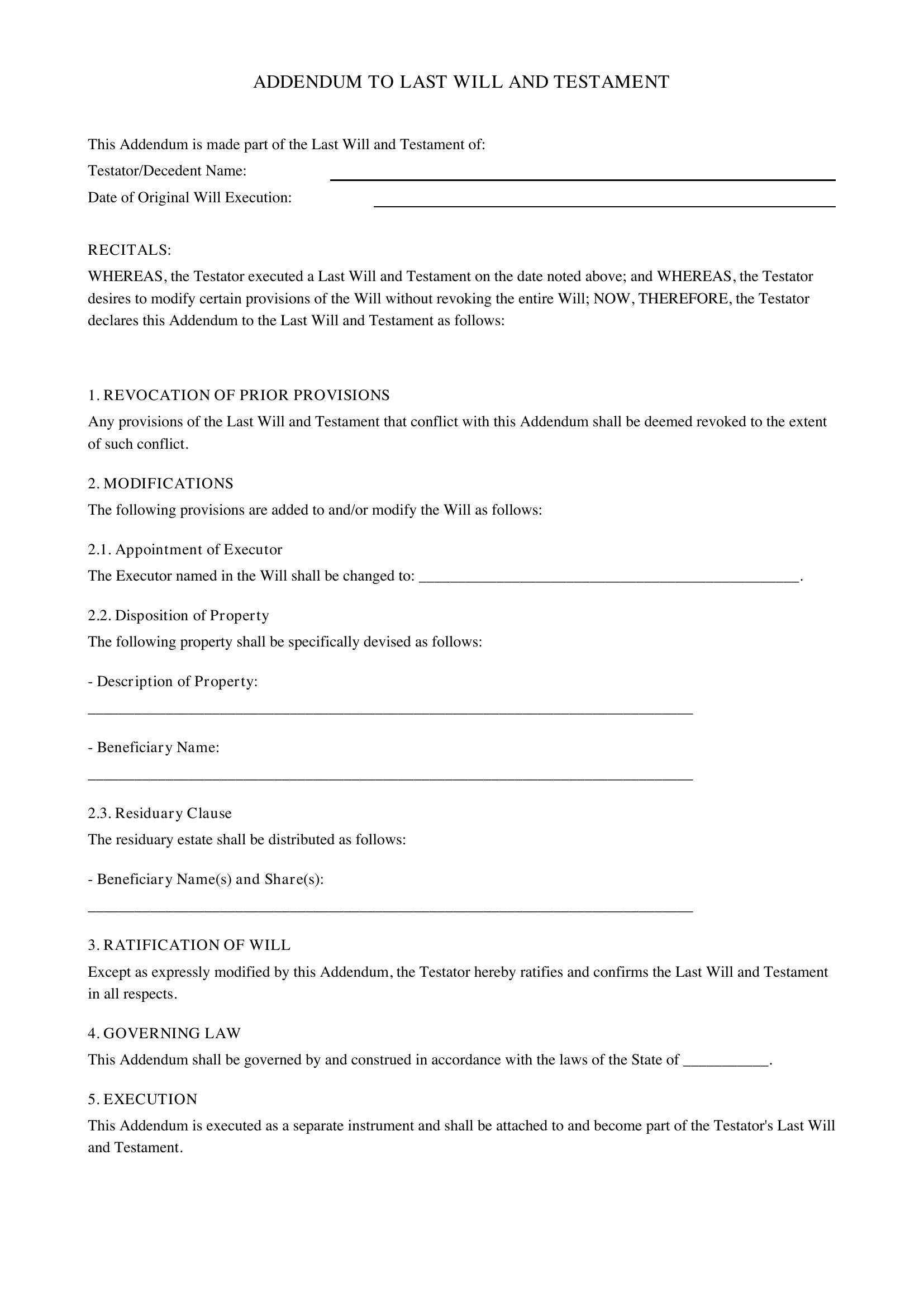 Addendum To Will Template