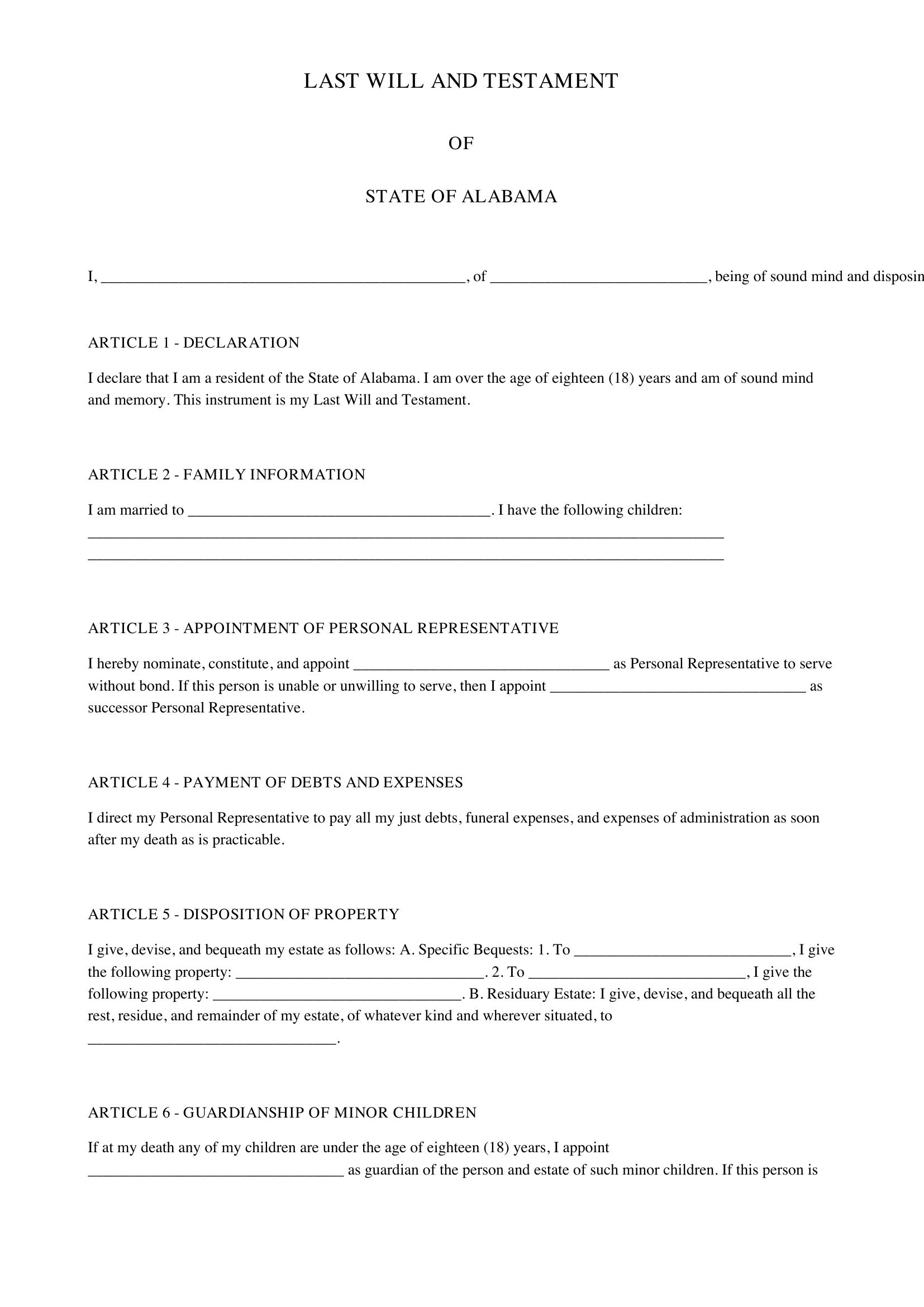 Alabama Last Will And Testament Template