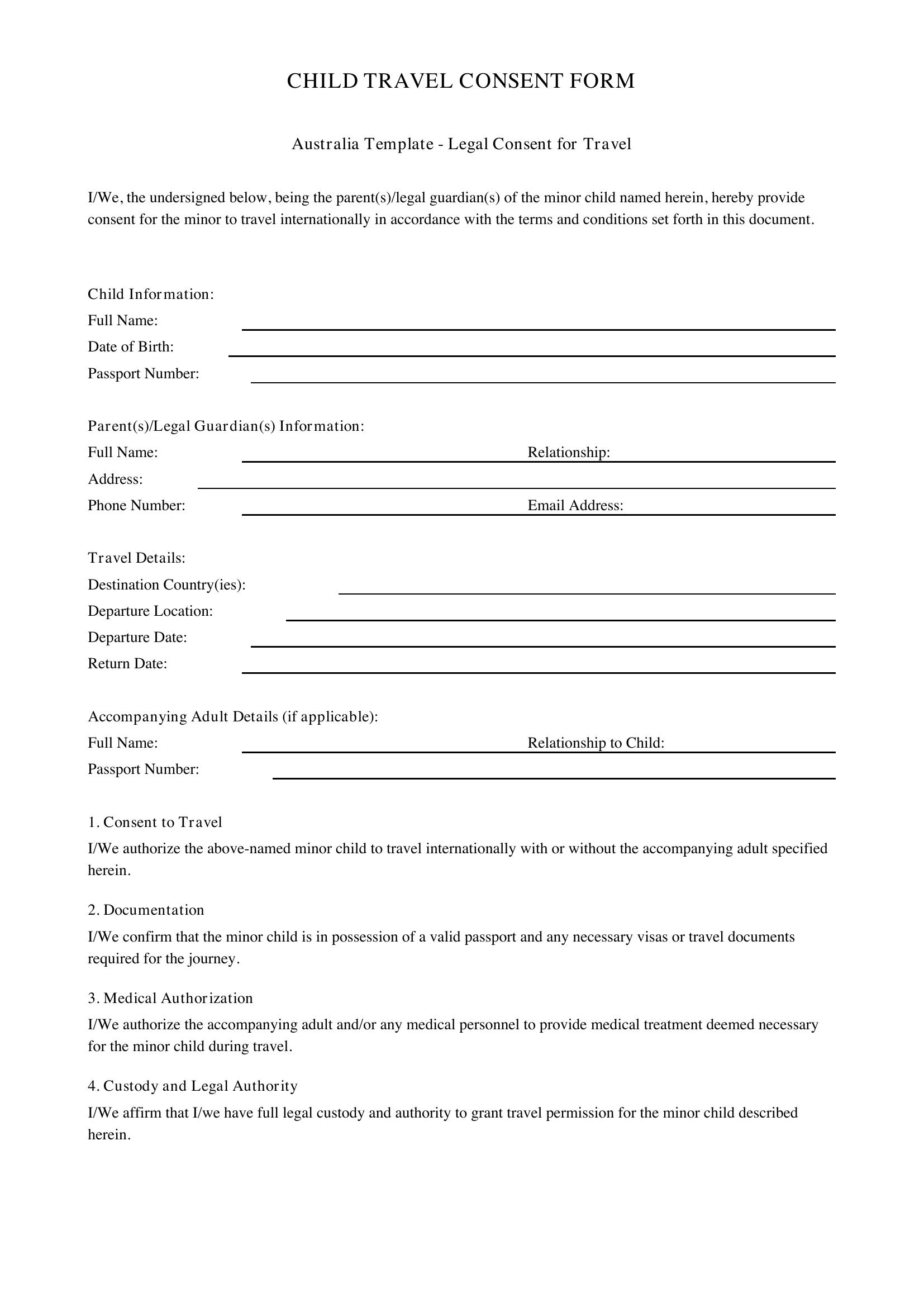 Child Travel Consent Form Australia Template