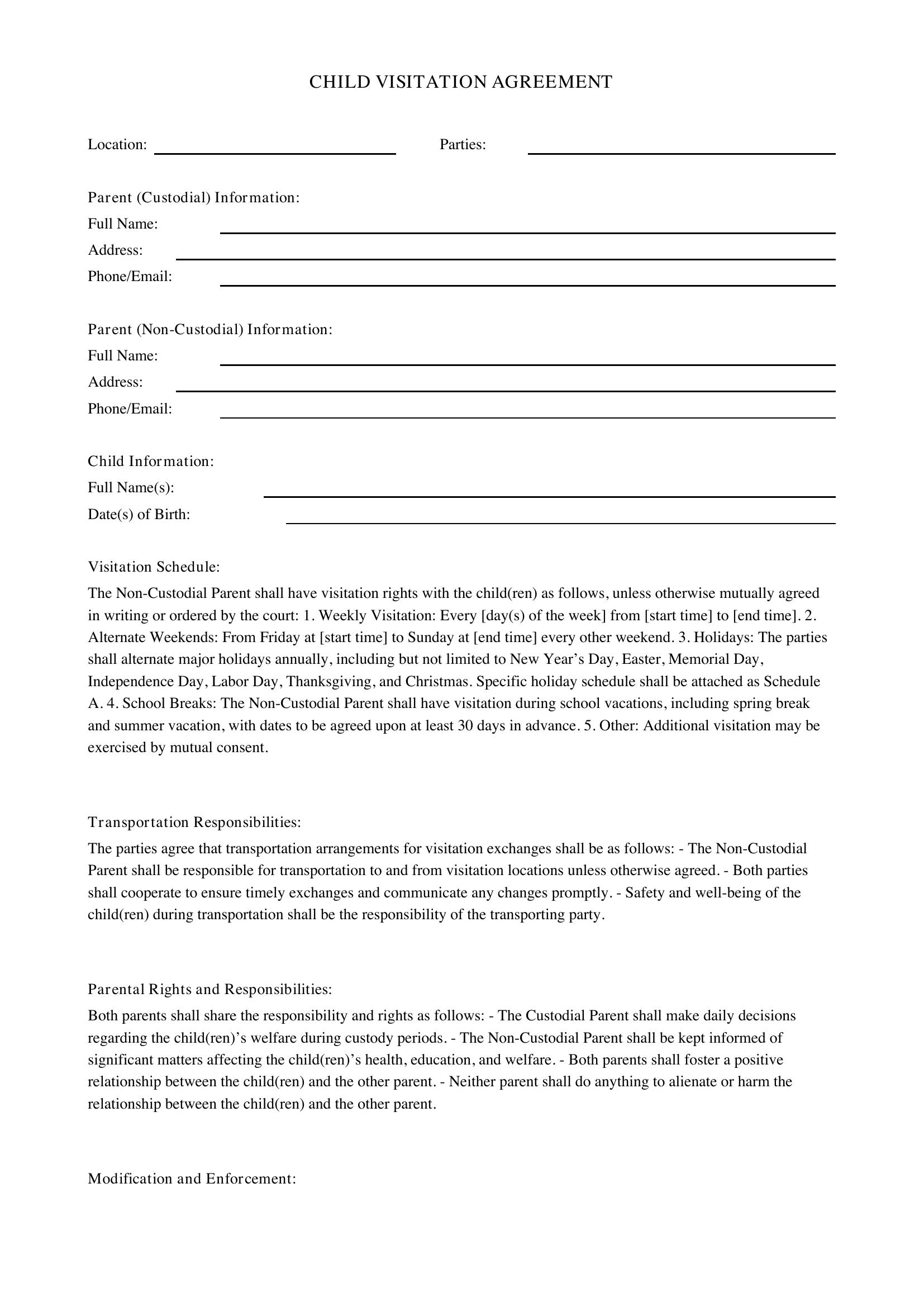 Child Visitation Agreement Template