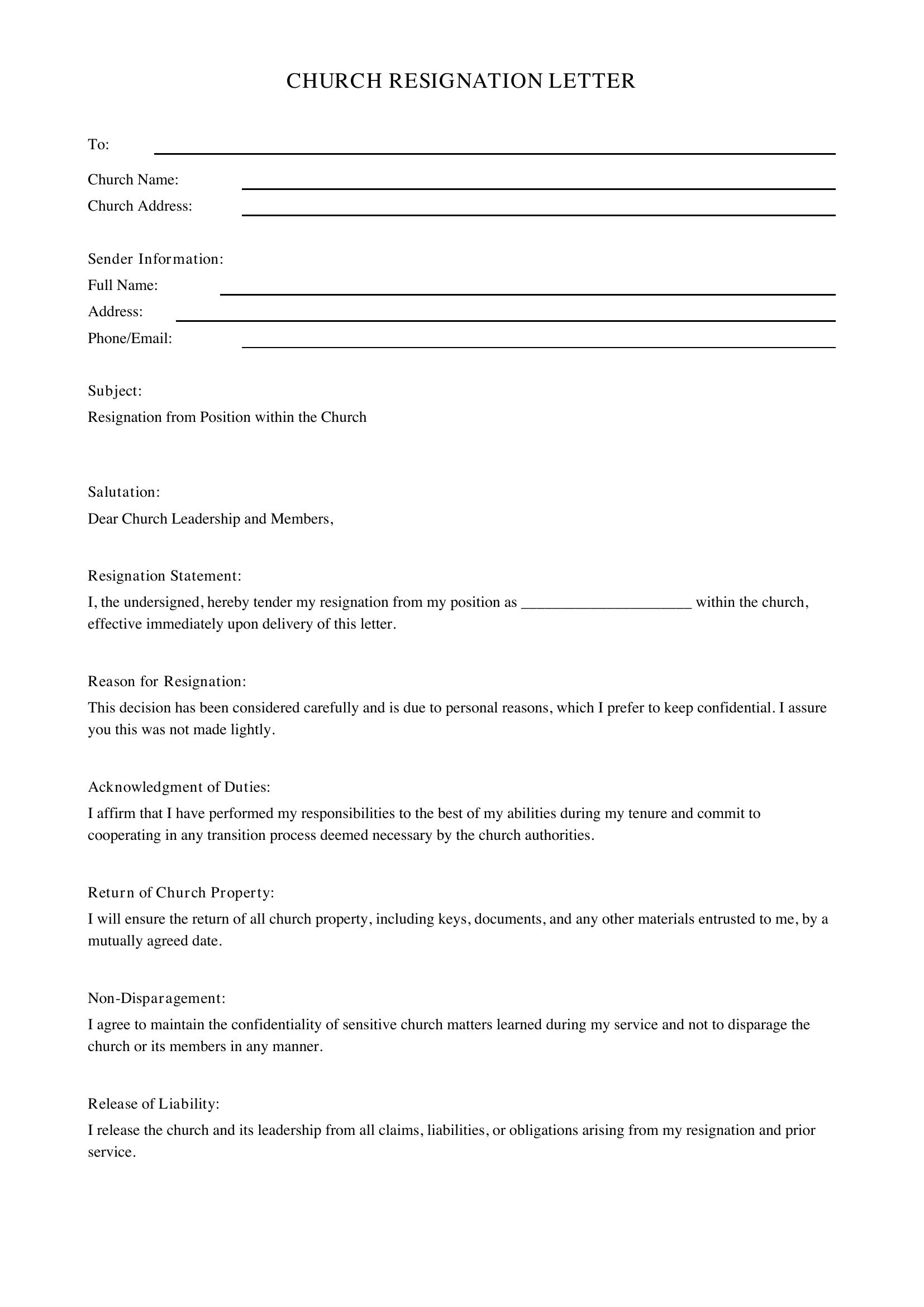 Church Resignation Letter Template