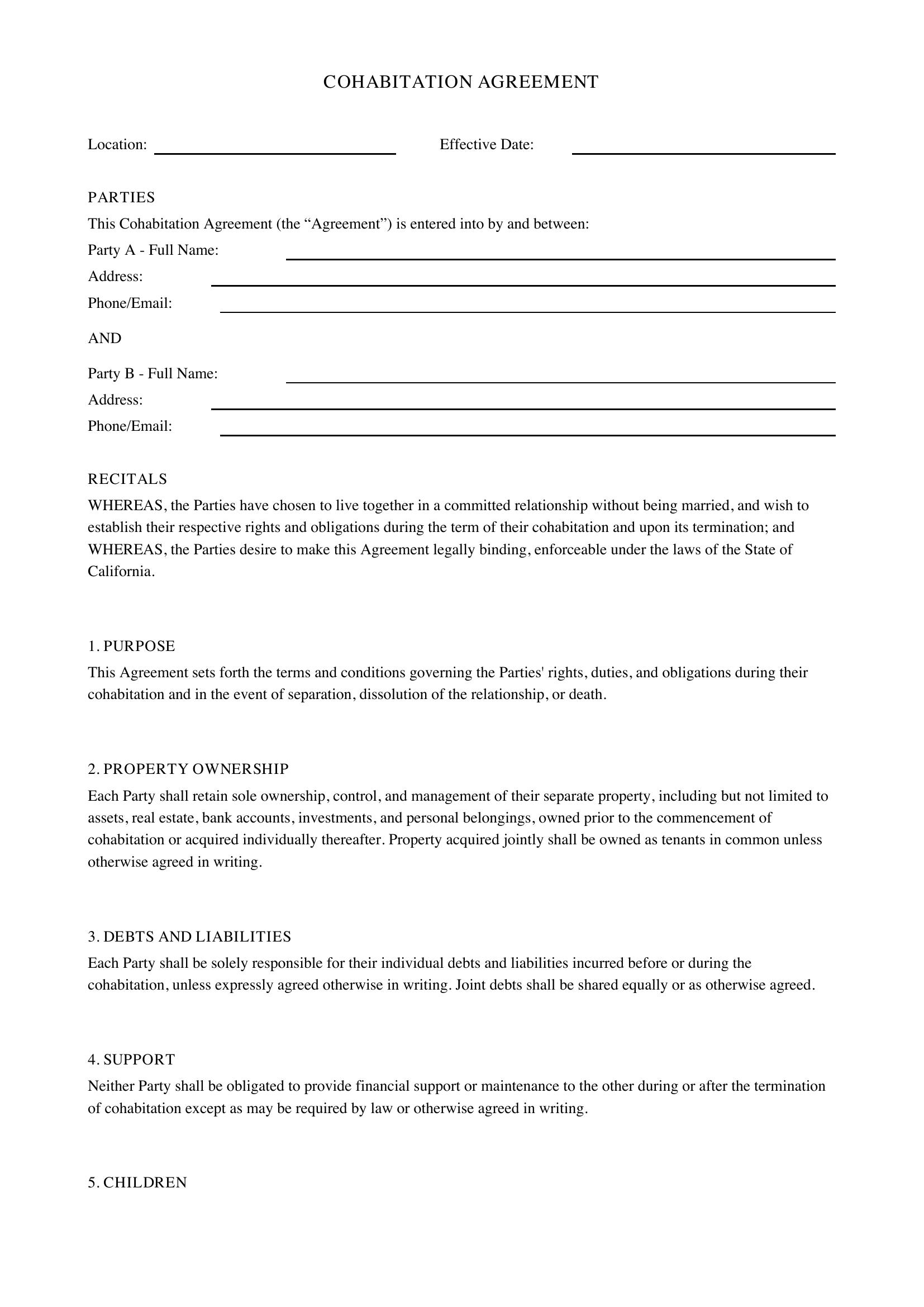 Cohabitation Agreement California Template