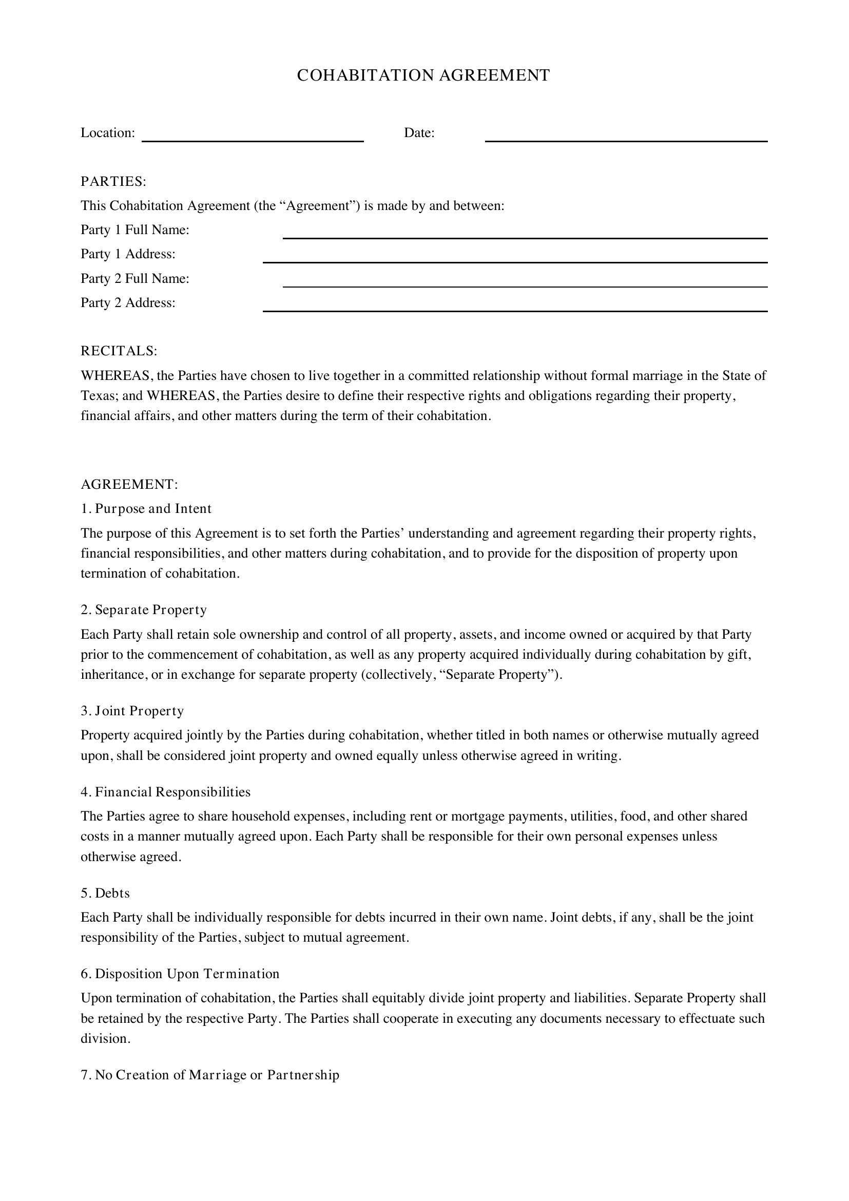 Cohabitation Agreement Texas Template