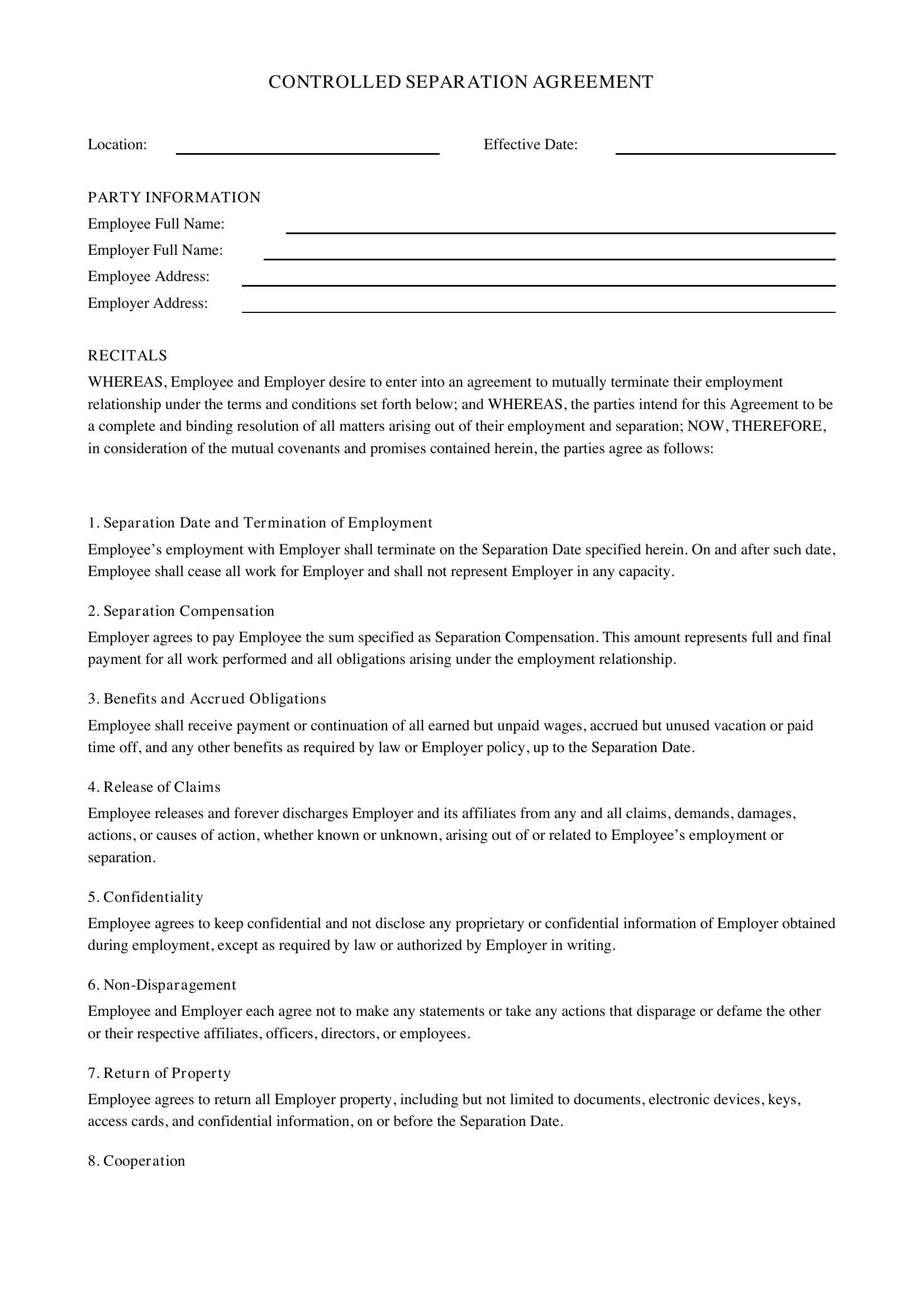 Controlled Separation Agreement Template
