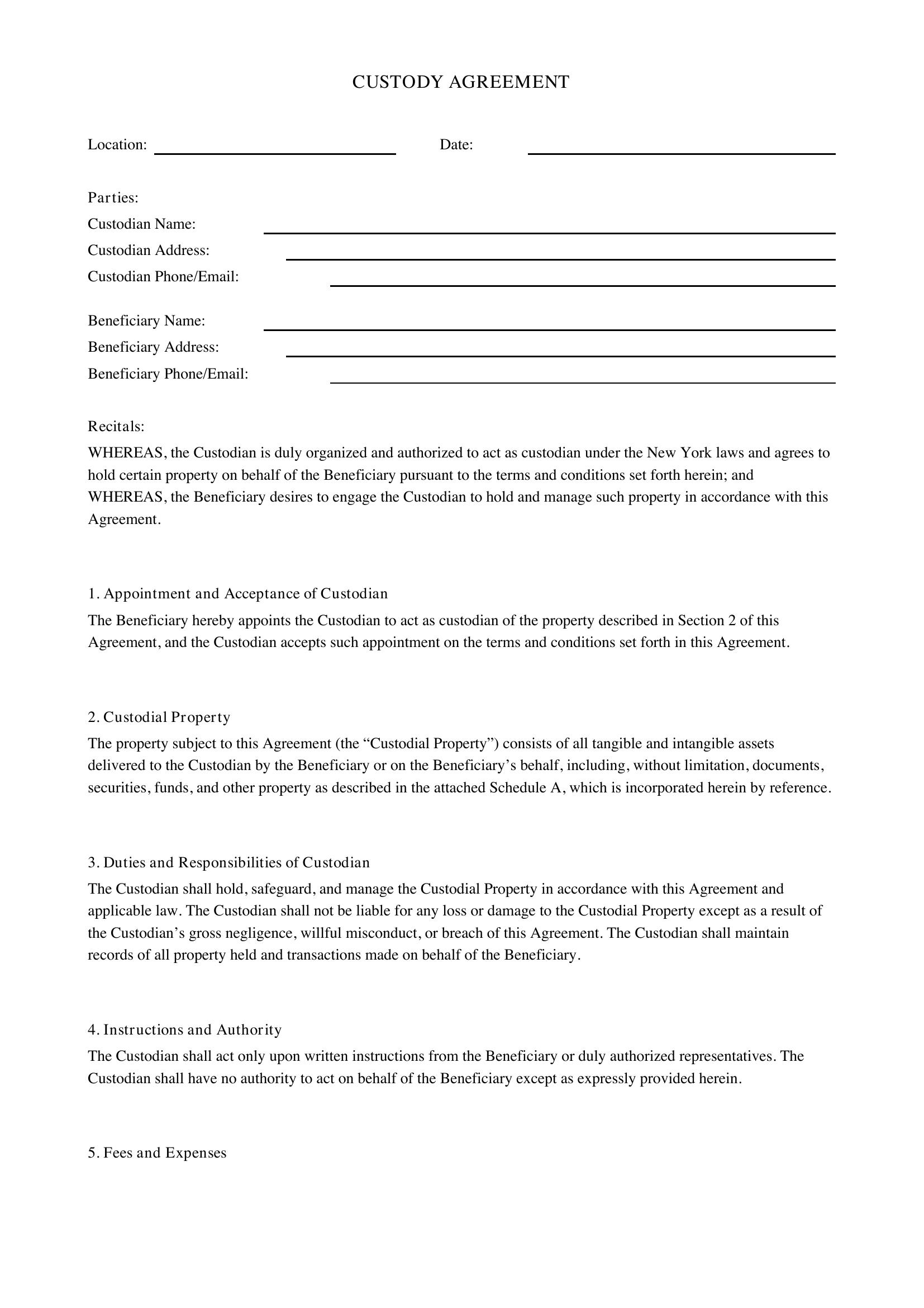 Custody Agreement Template Ny