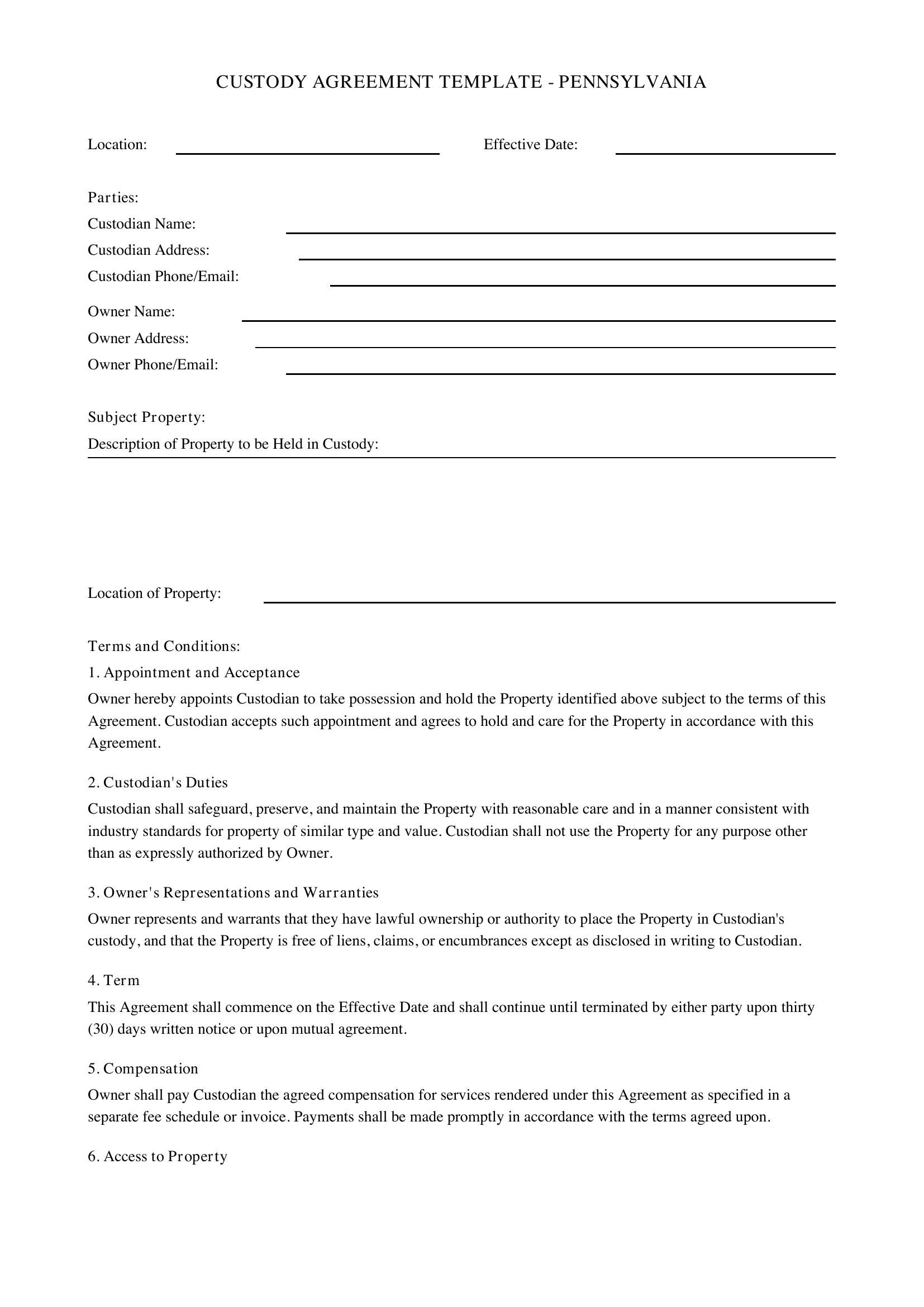 Custody Agreement Template Pa