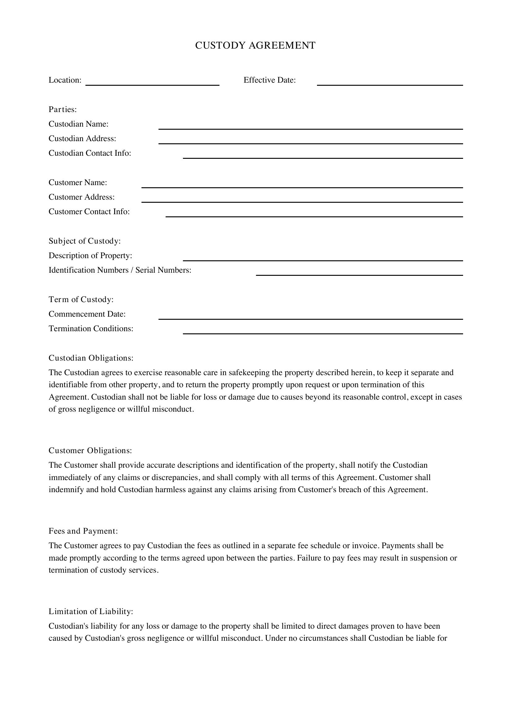 Custody Agreement Template