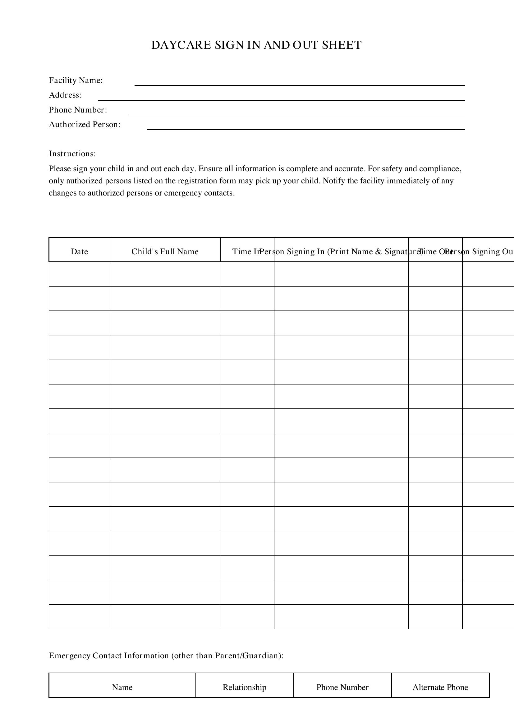 Daycare Sign In And Out Sheet Template