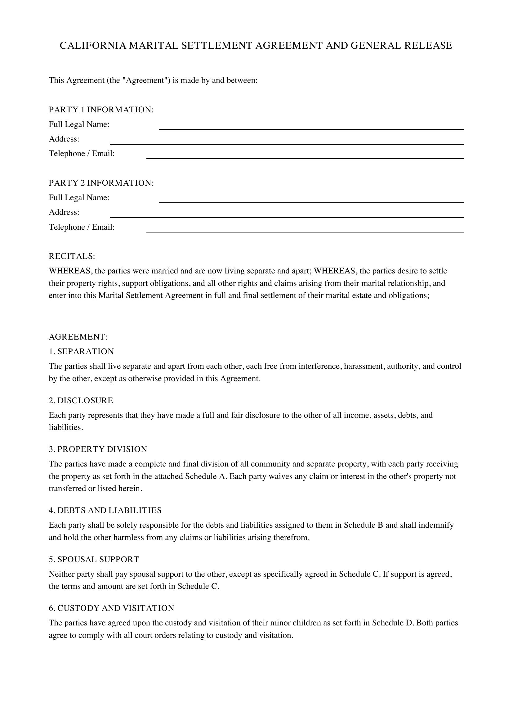 Divorce Agreement Template California