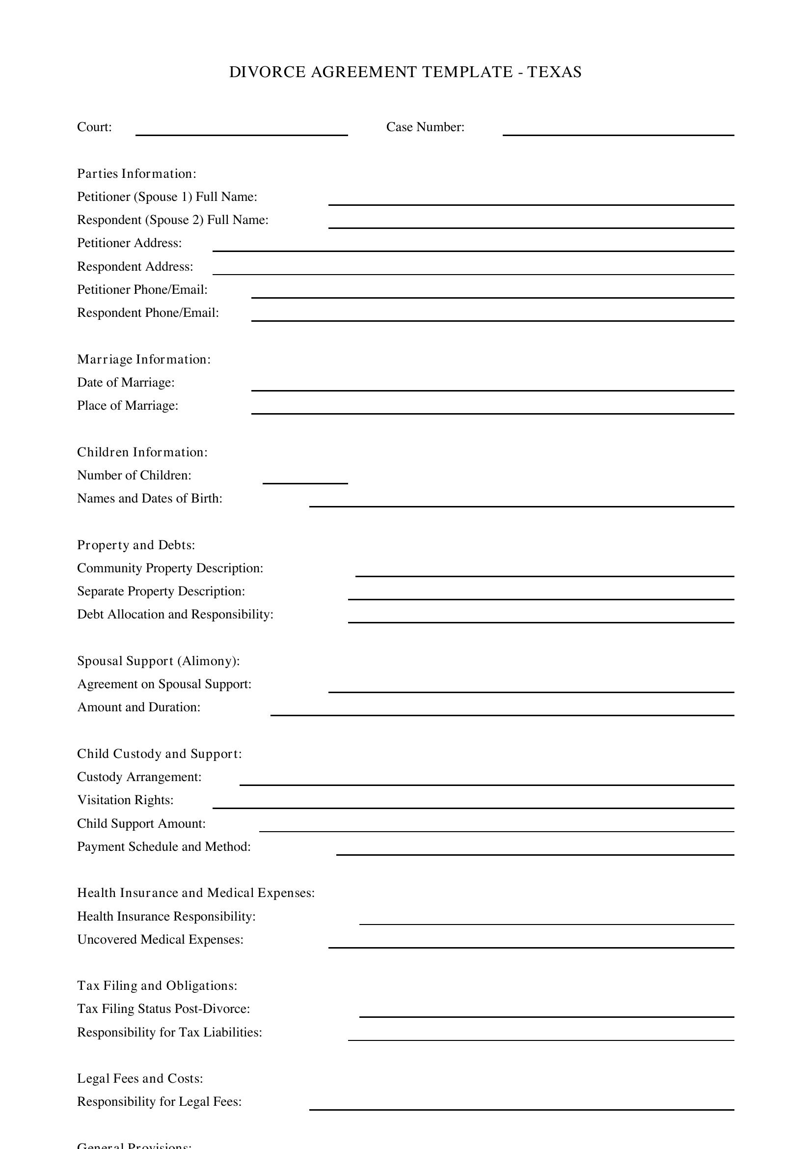 Divorce Agreement Template Texas