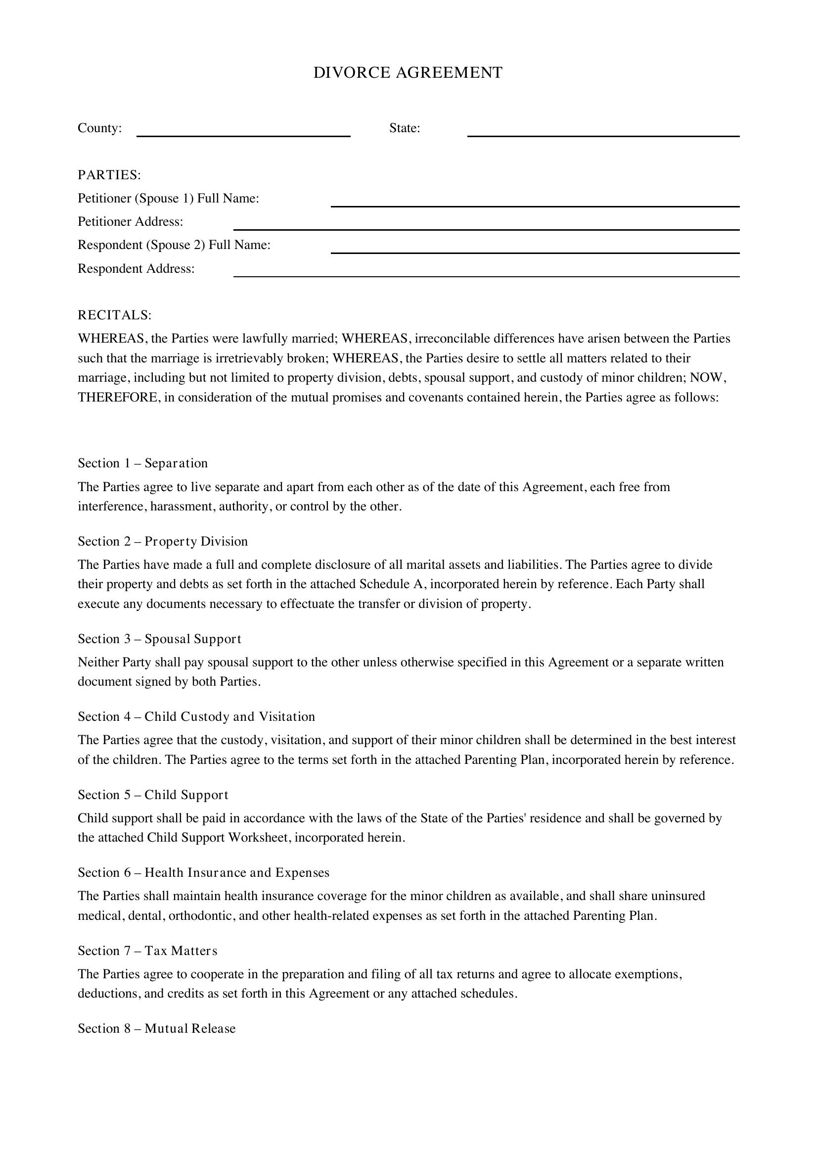 Divorce Agreement Template
