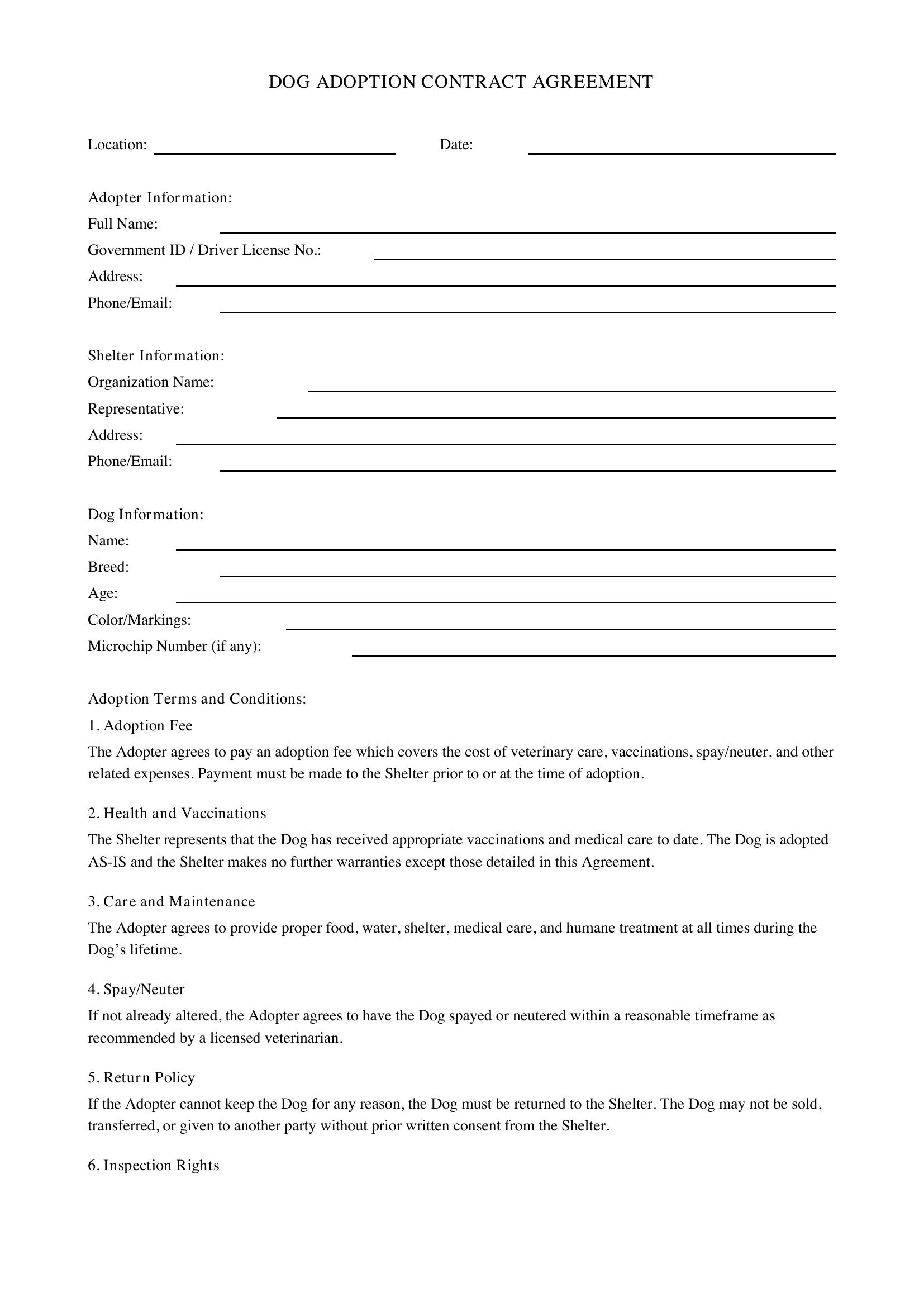 Dog Adoption Contract Template