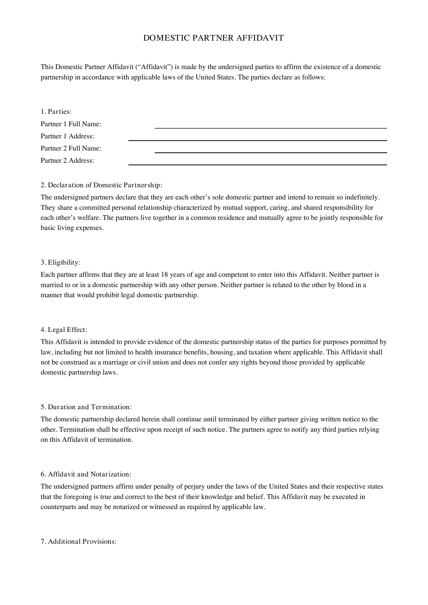 Domestic Partner Affidavit Template
