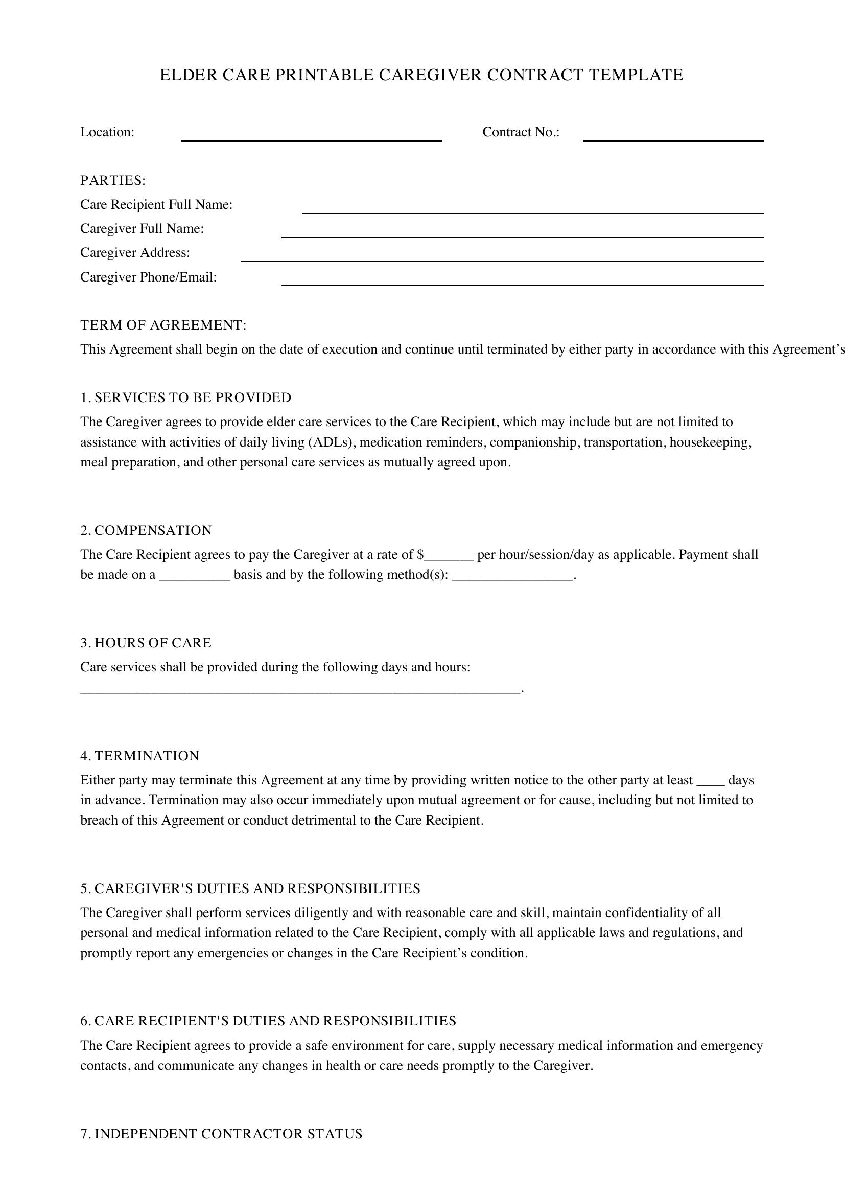 Elder Care Printable Caregiver Contract Template