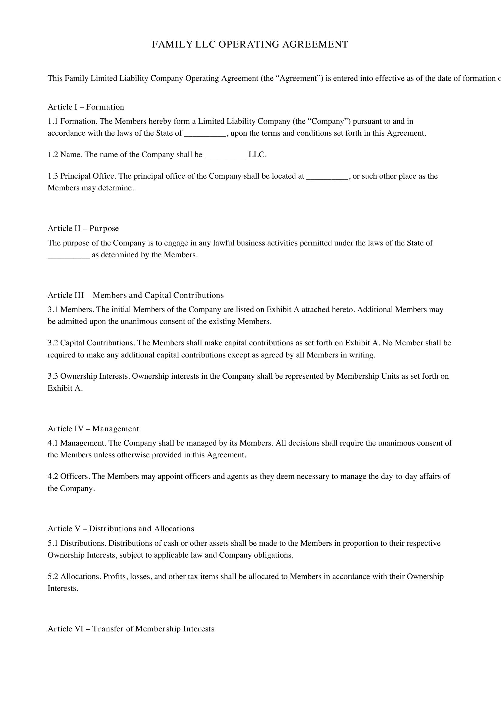 Family Llc Operating Agreement Template