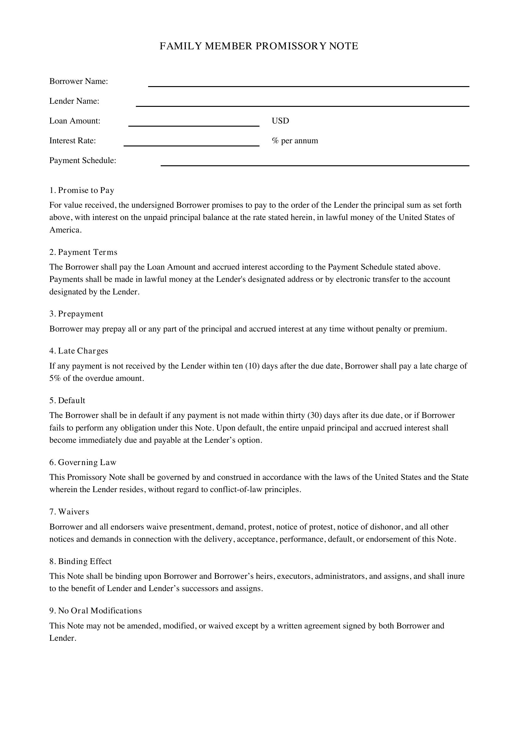 Family Member Promissory Note Template