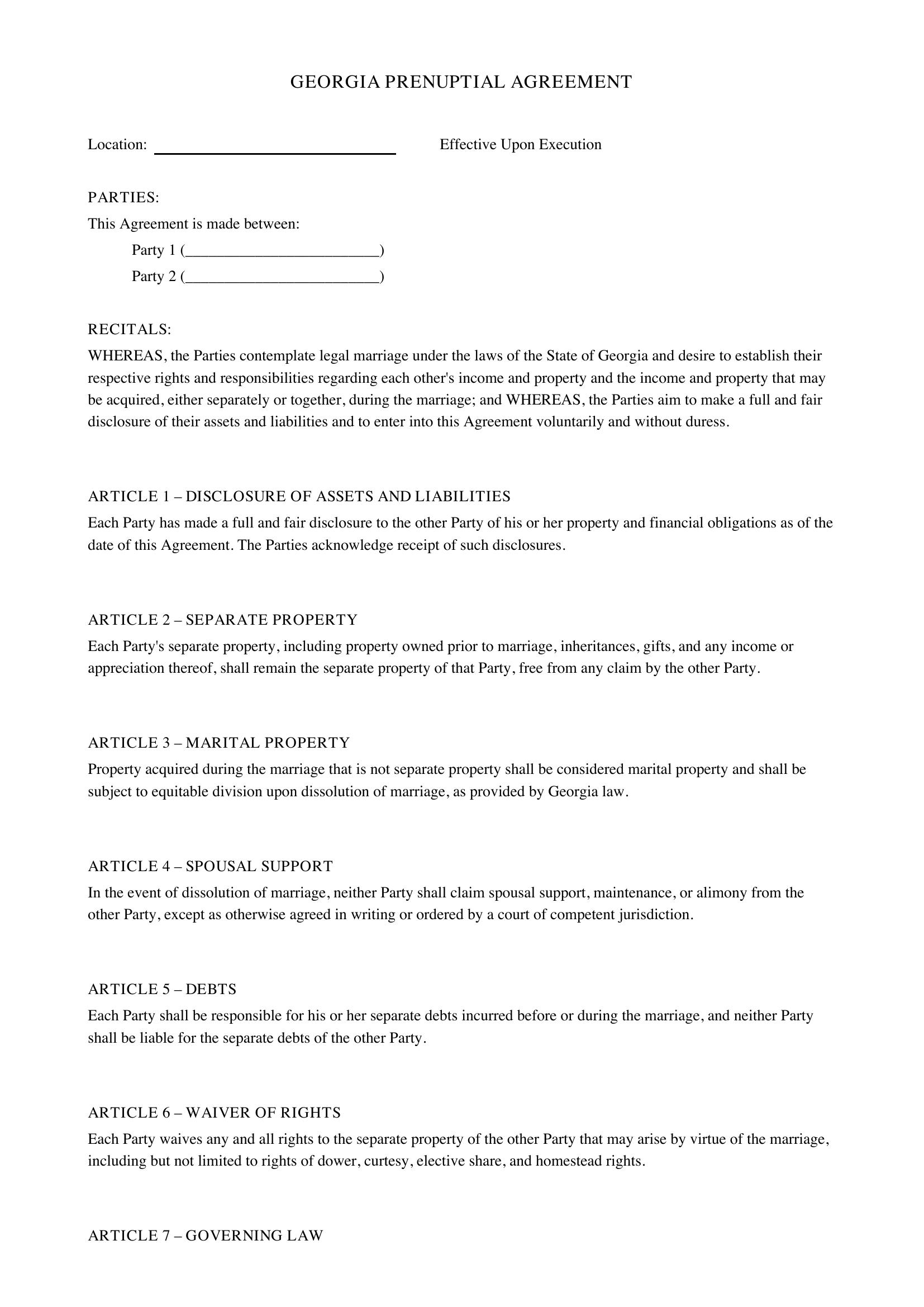 Georgia Prenuptial Agreement Template