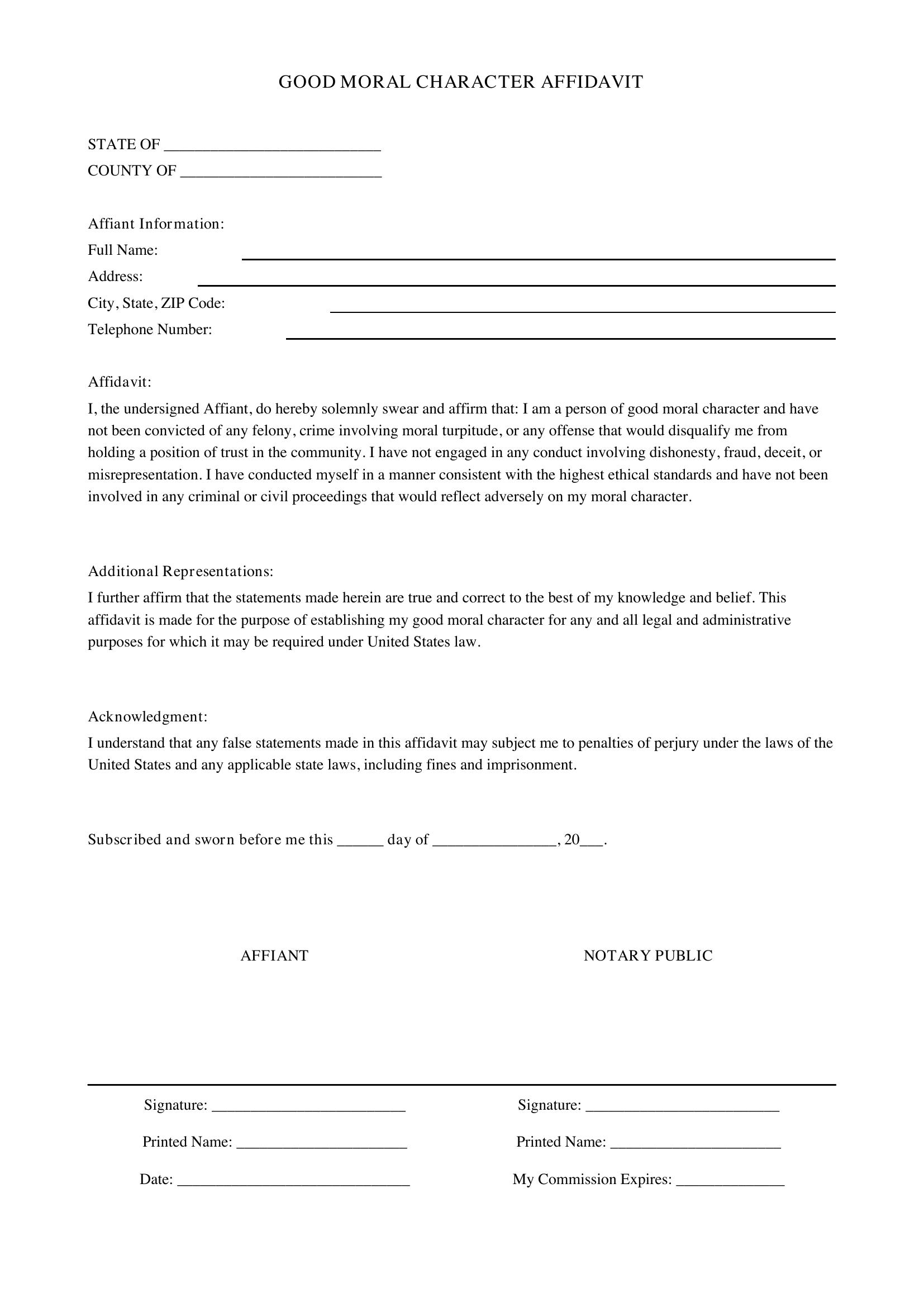 Good Moral Character Character Affidavit Template
