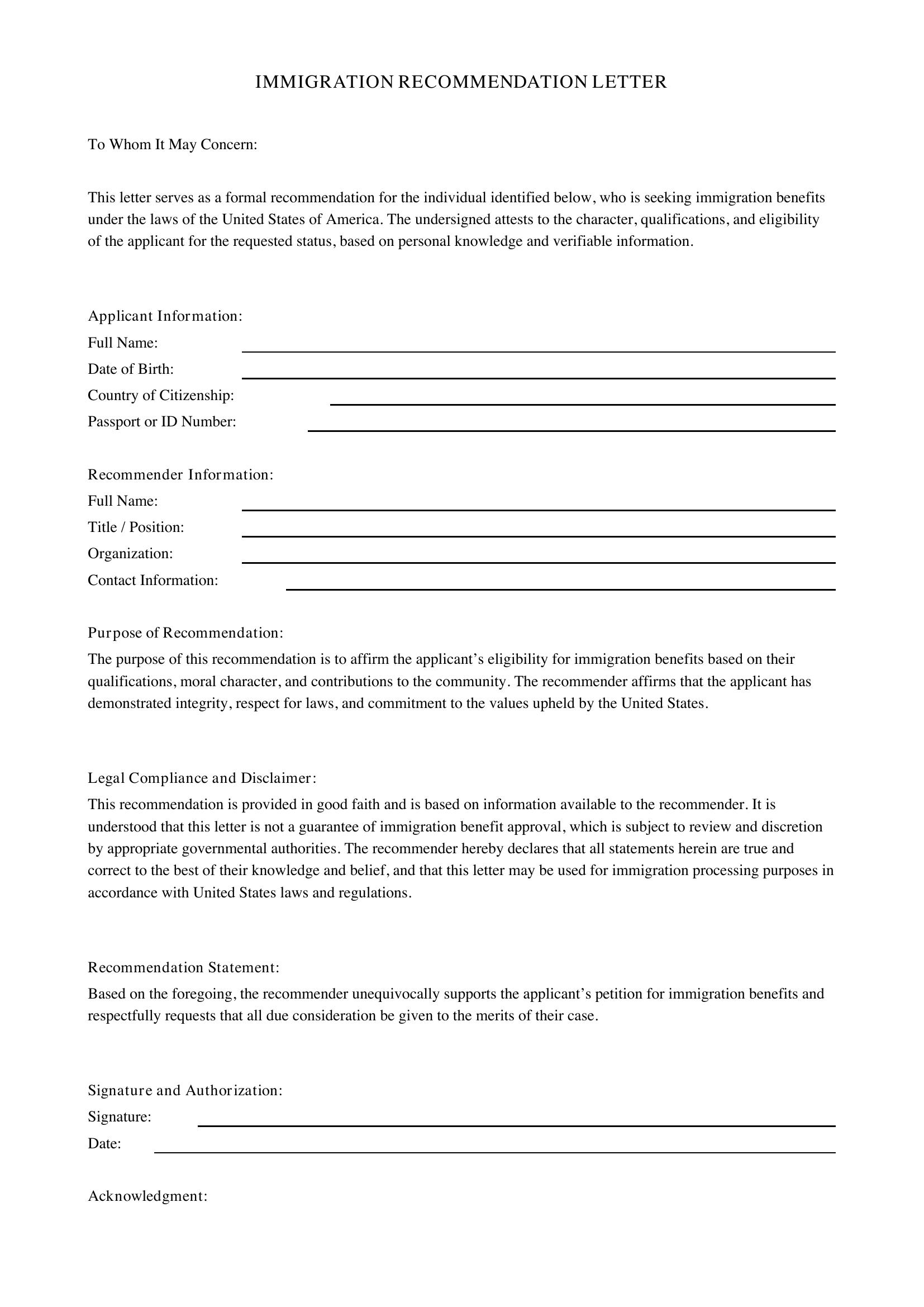 Immigration Recommendation Letter Template