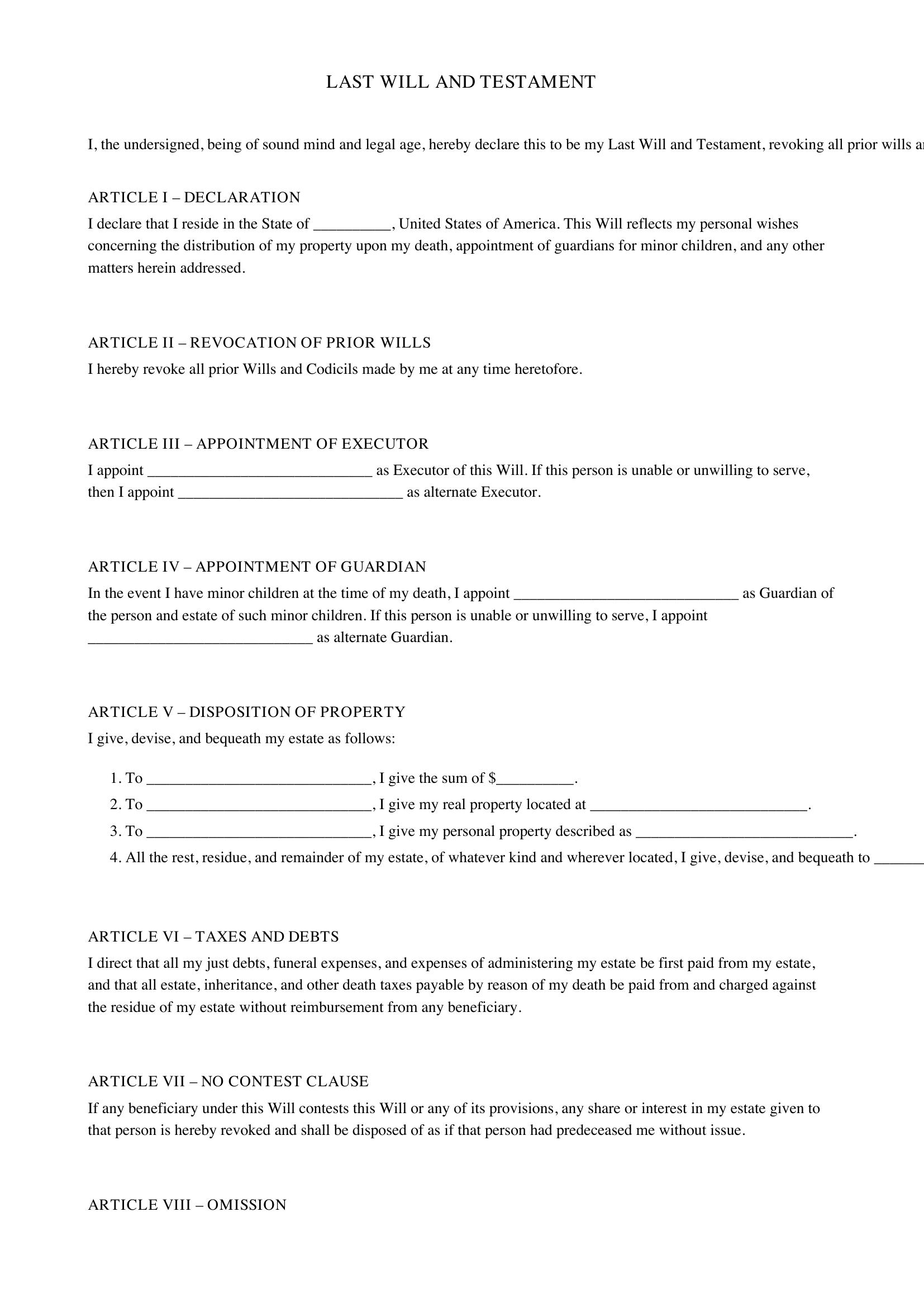 Last Will And Testament Template Australia