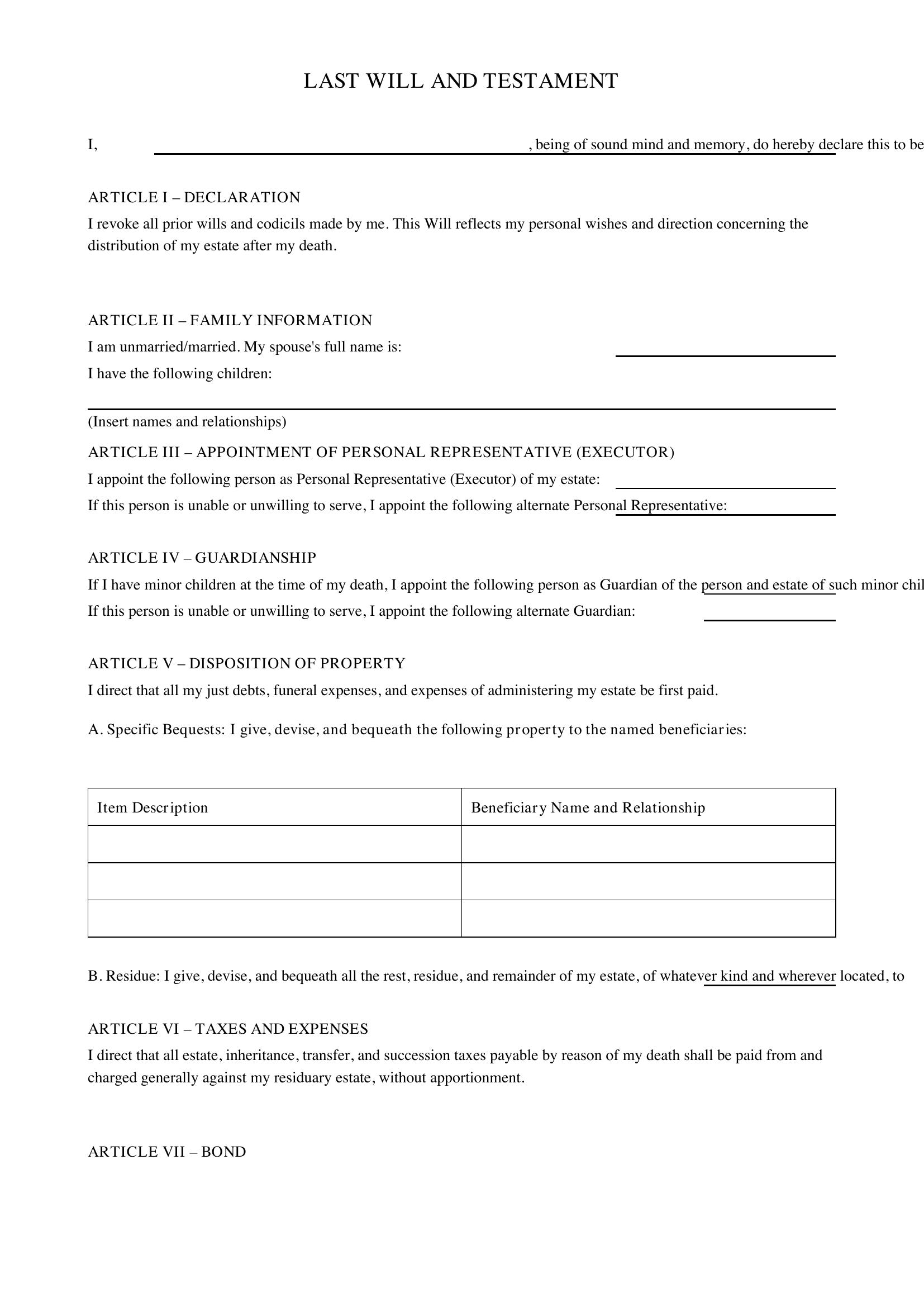 Last Will And Testament Template Mississippi