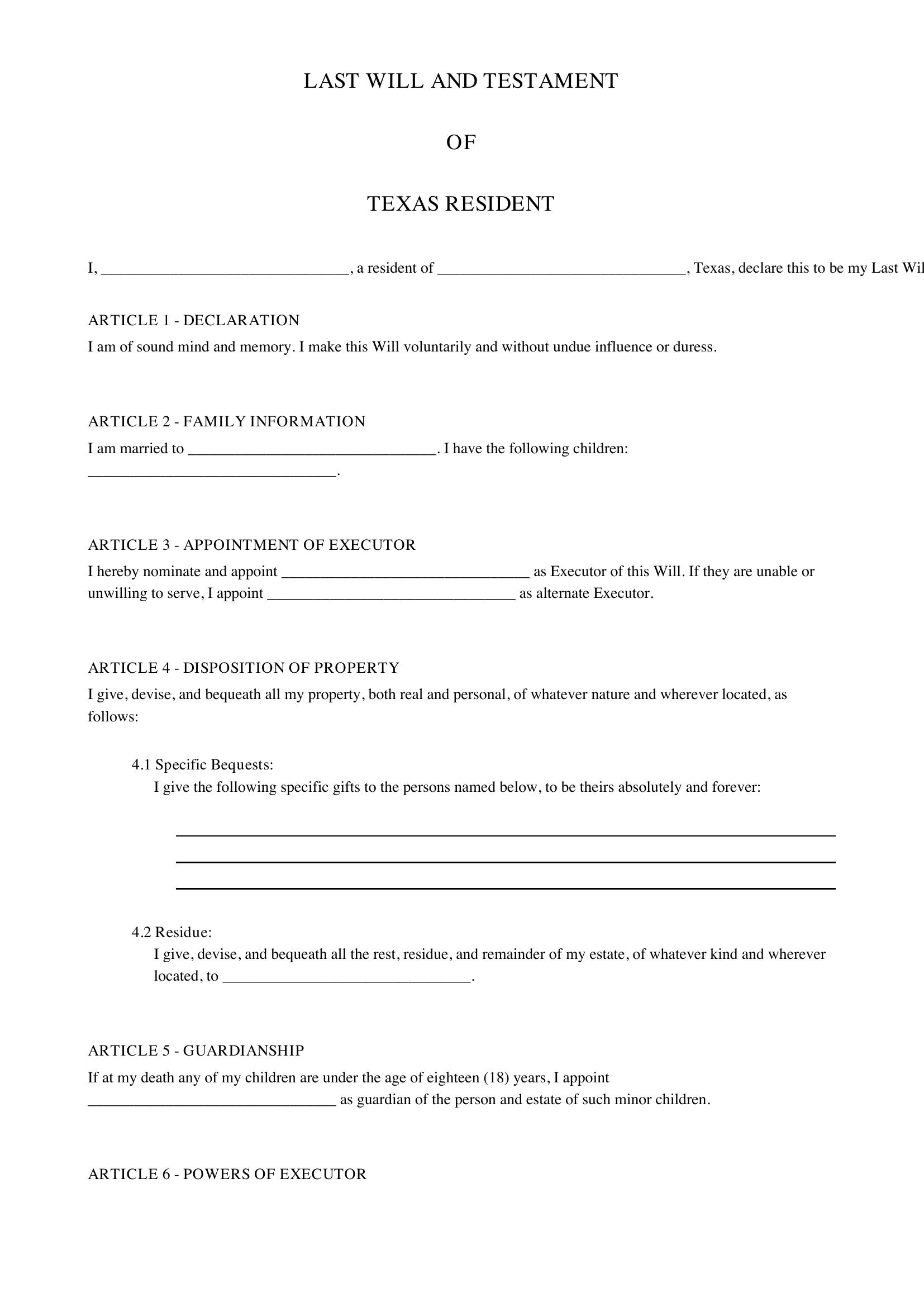 Last Will And Testament Template Texas