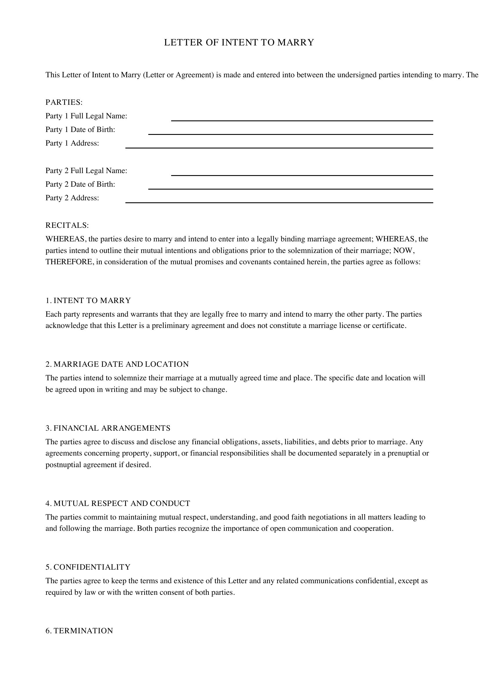 Letter Of Intent To Marry Template