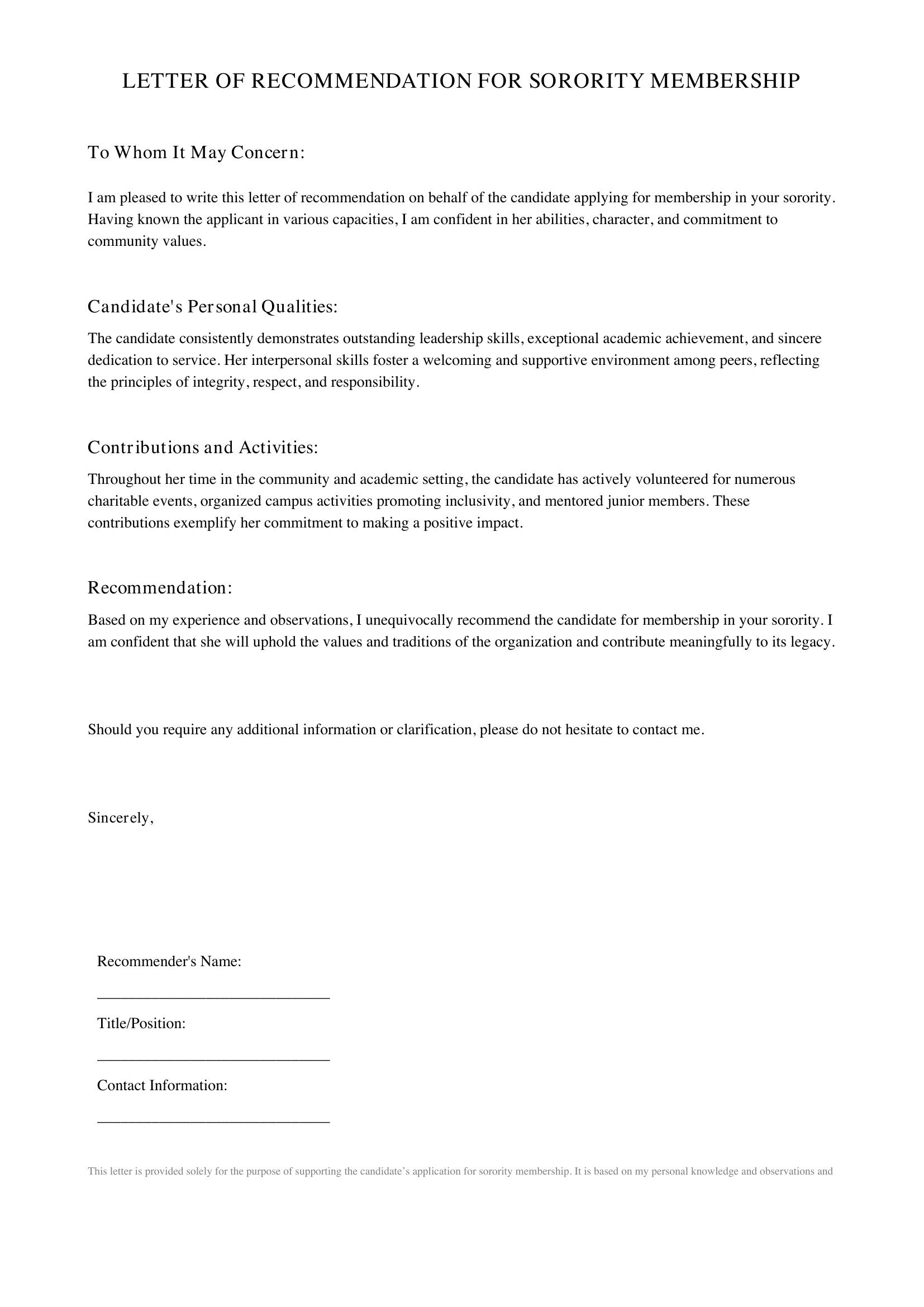 Letter Of Recommendation For Sorority Template
