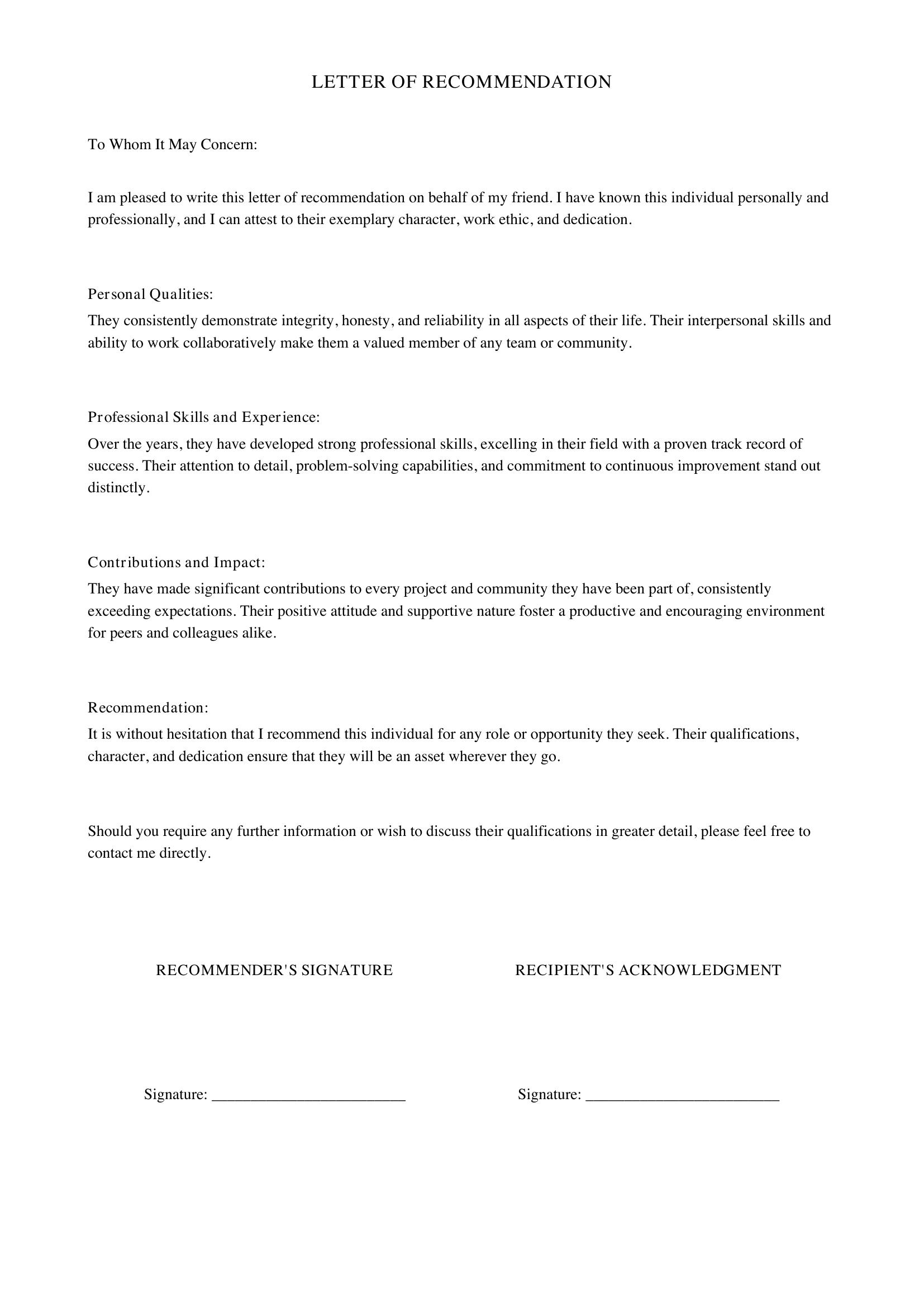 Letter Of Recommendation Template For Friend