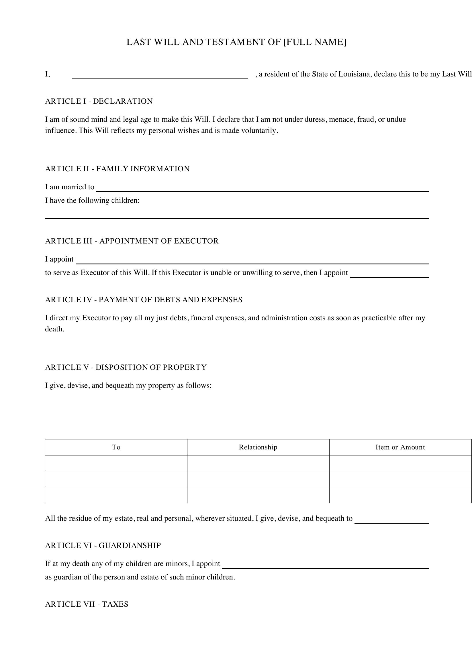 Louisiana Will Template