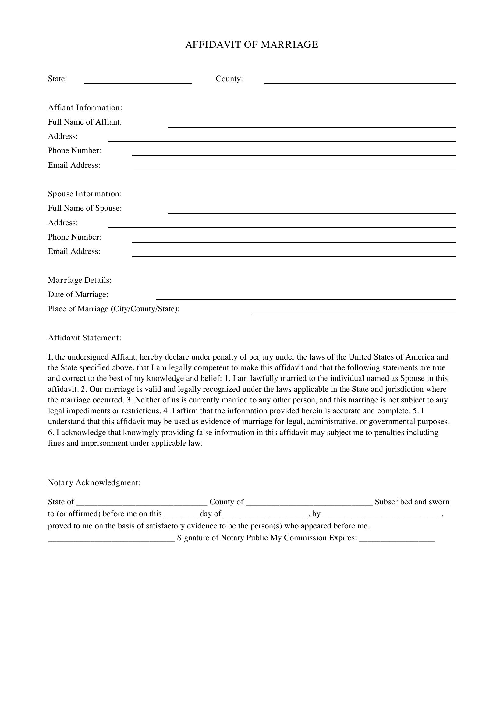 Marriage Affidavit Template