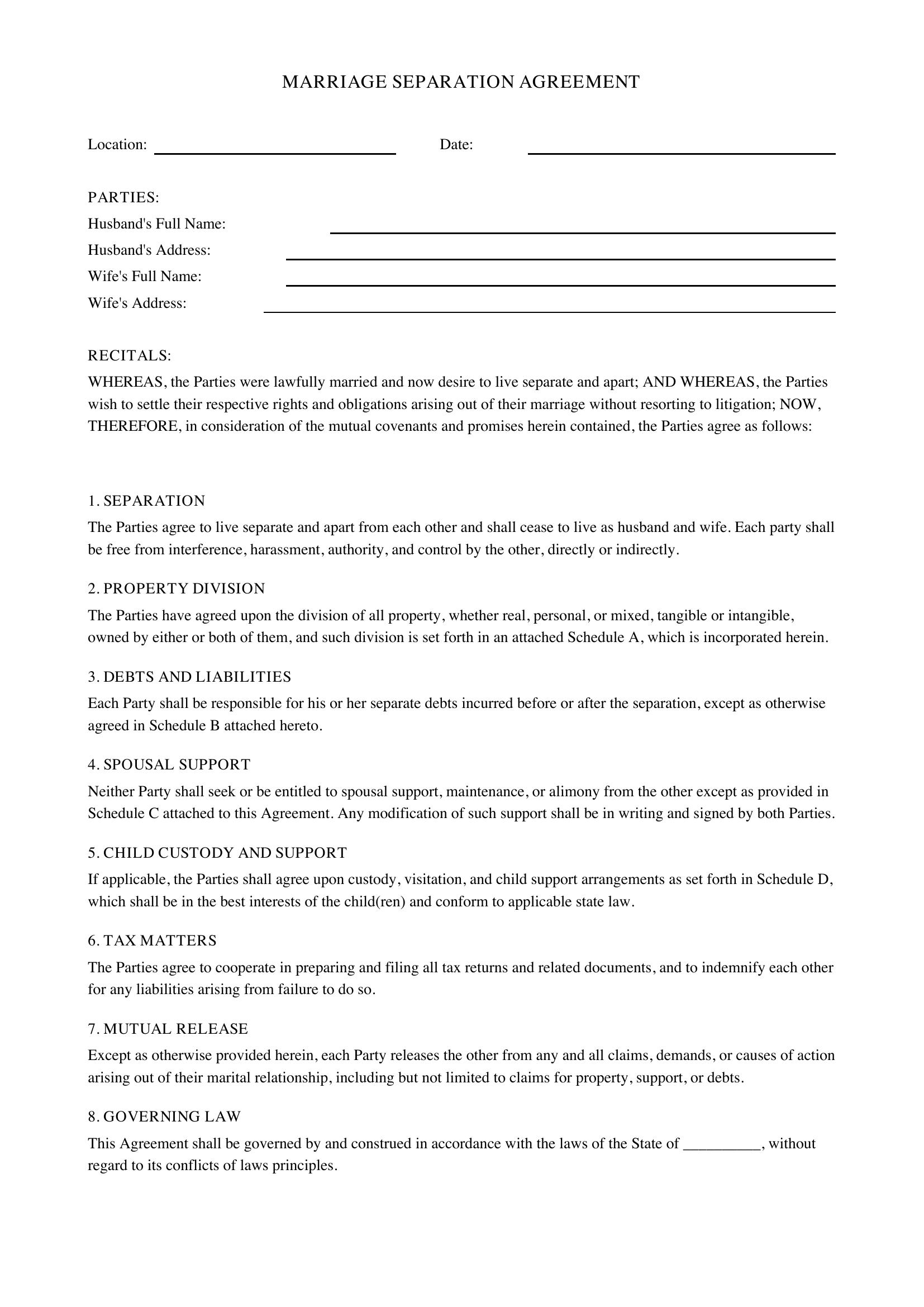 Marriage Separation Agreement Template