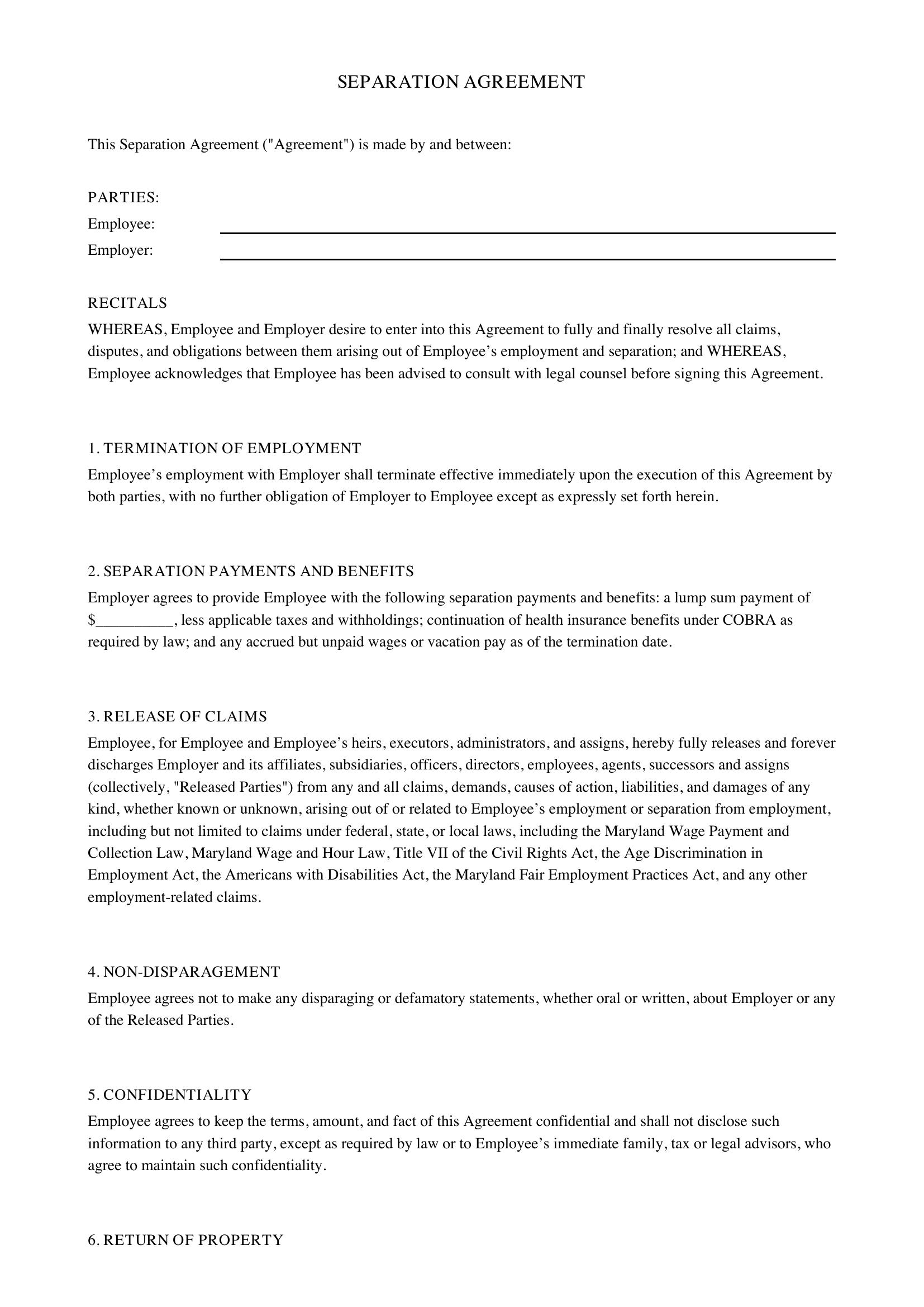 Maryland Separation Agreement Template