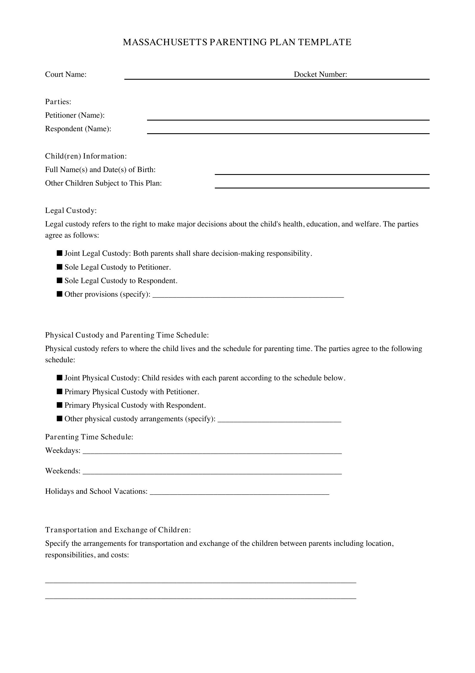 Massachusetts Parenting Plan Template