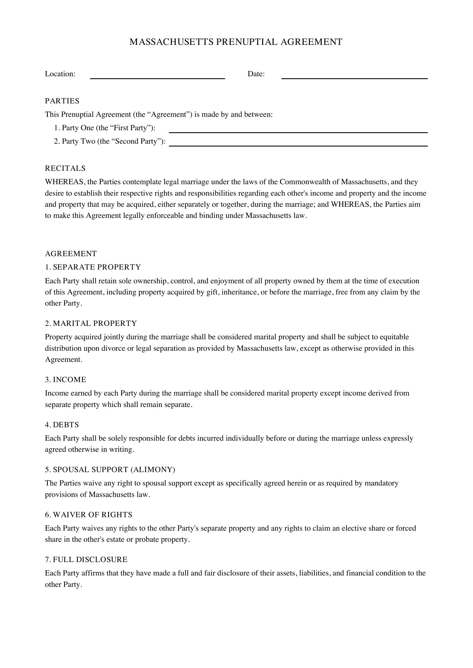 Massachusetts Prenuptial Agreement Template