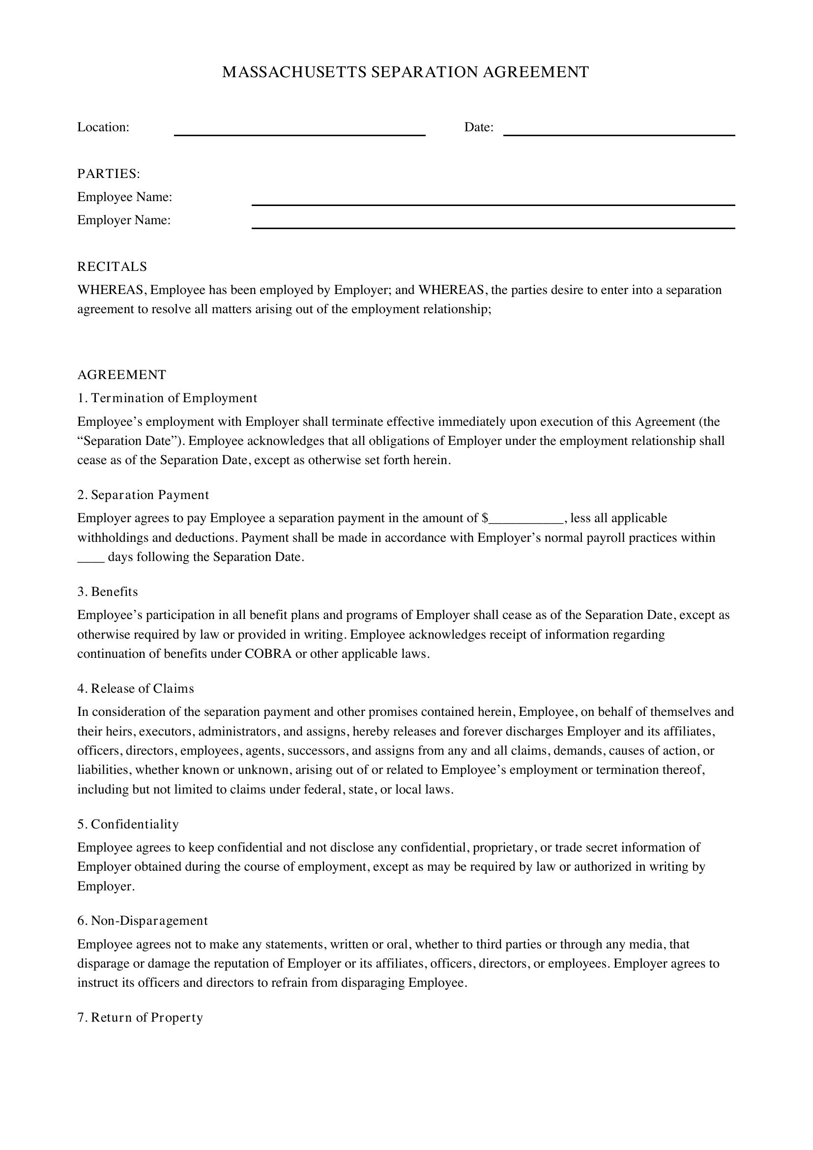 Massachusetts Separation Agreement Template