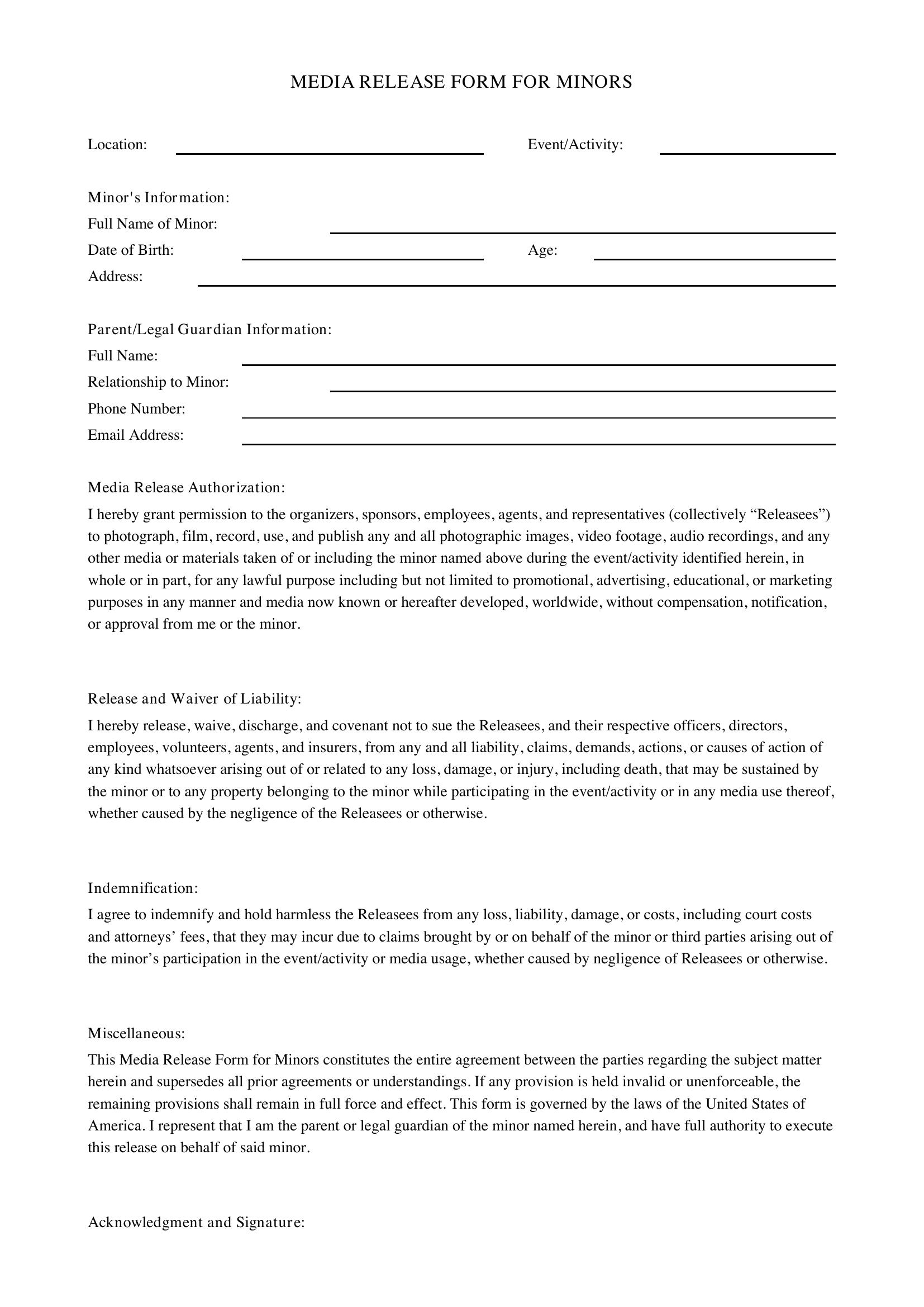Media Release Form For Minors Template