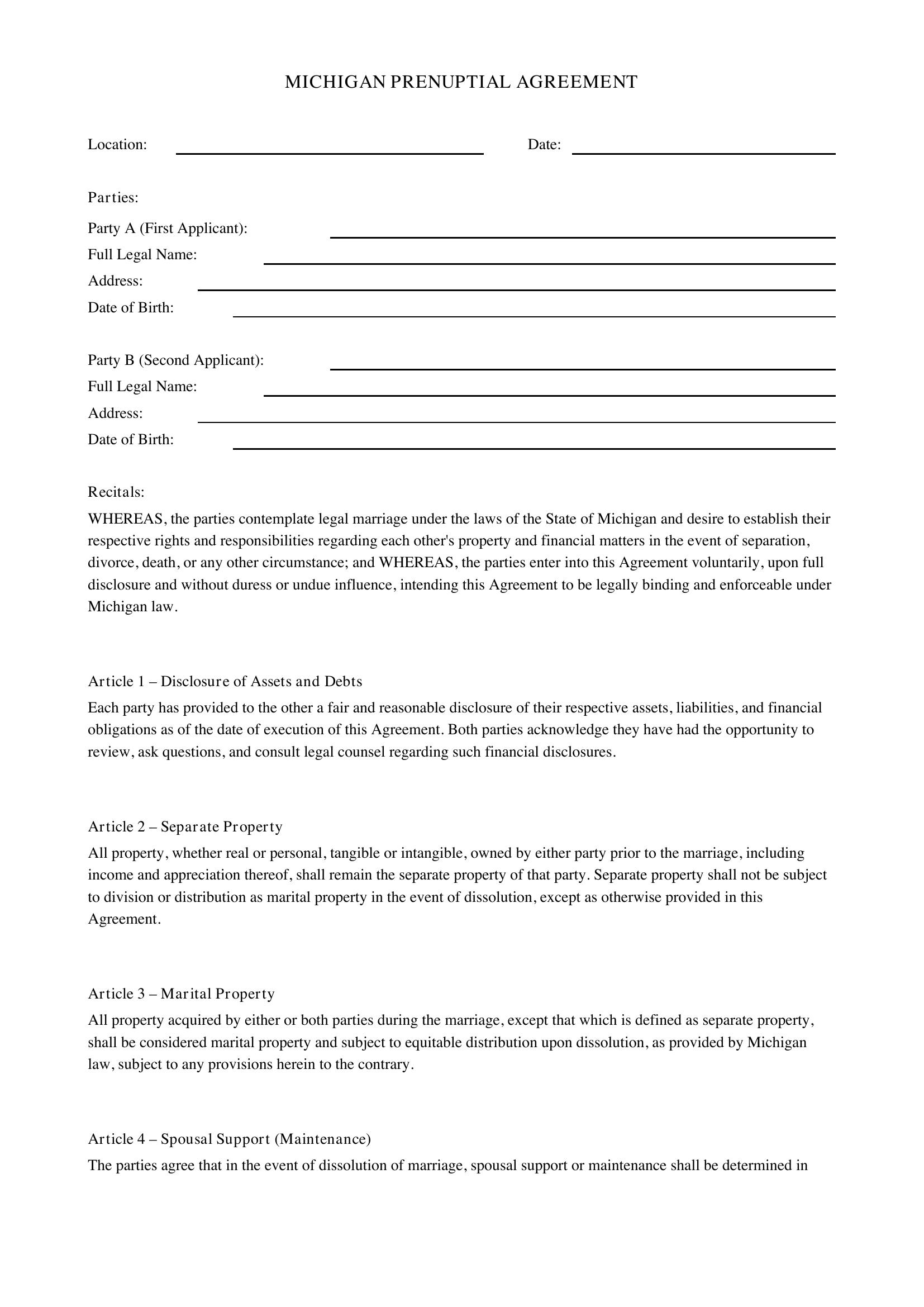 Michigan Prenuptial Agreement Template