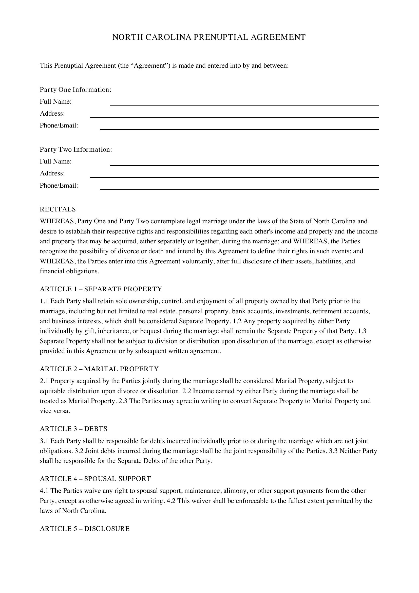 Nc Prenuptial Agreement Template