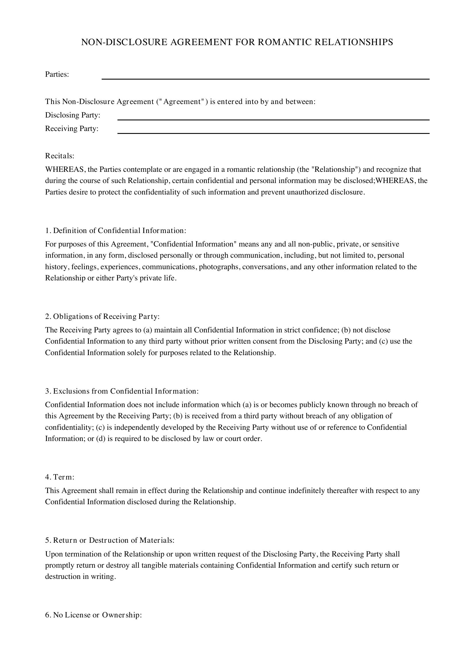 Nda For Romantic Relationships Template