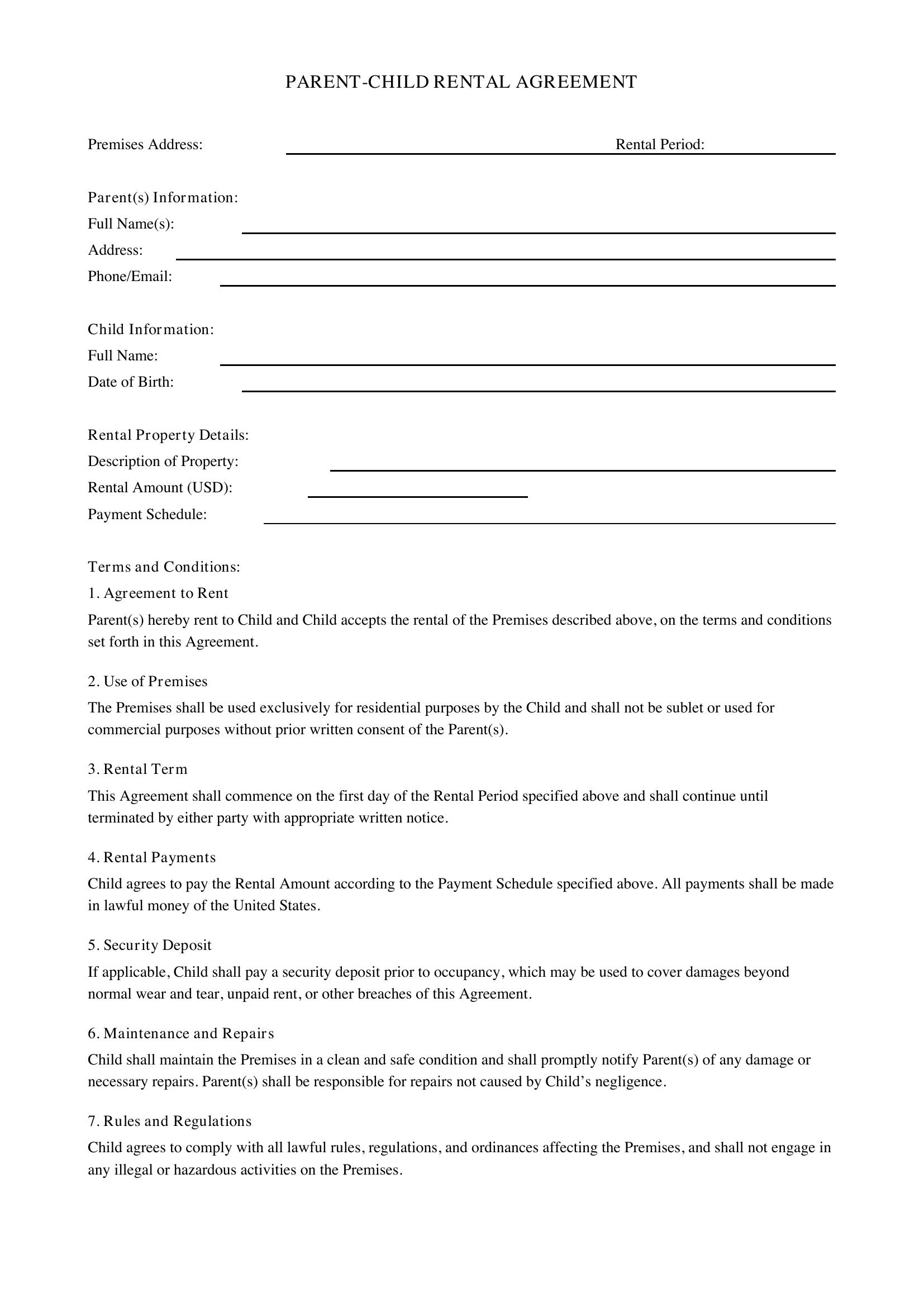 Parent Child Rental Agreement Template