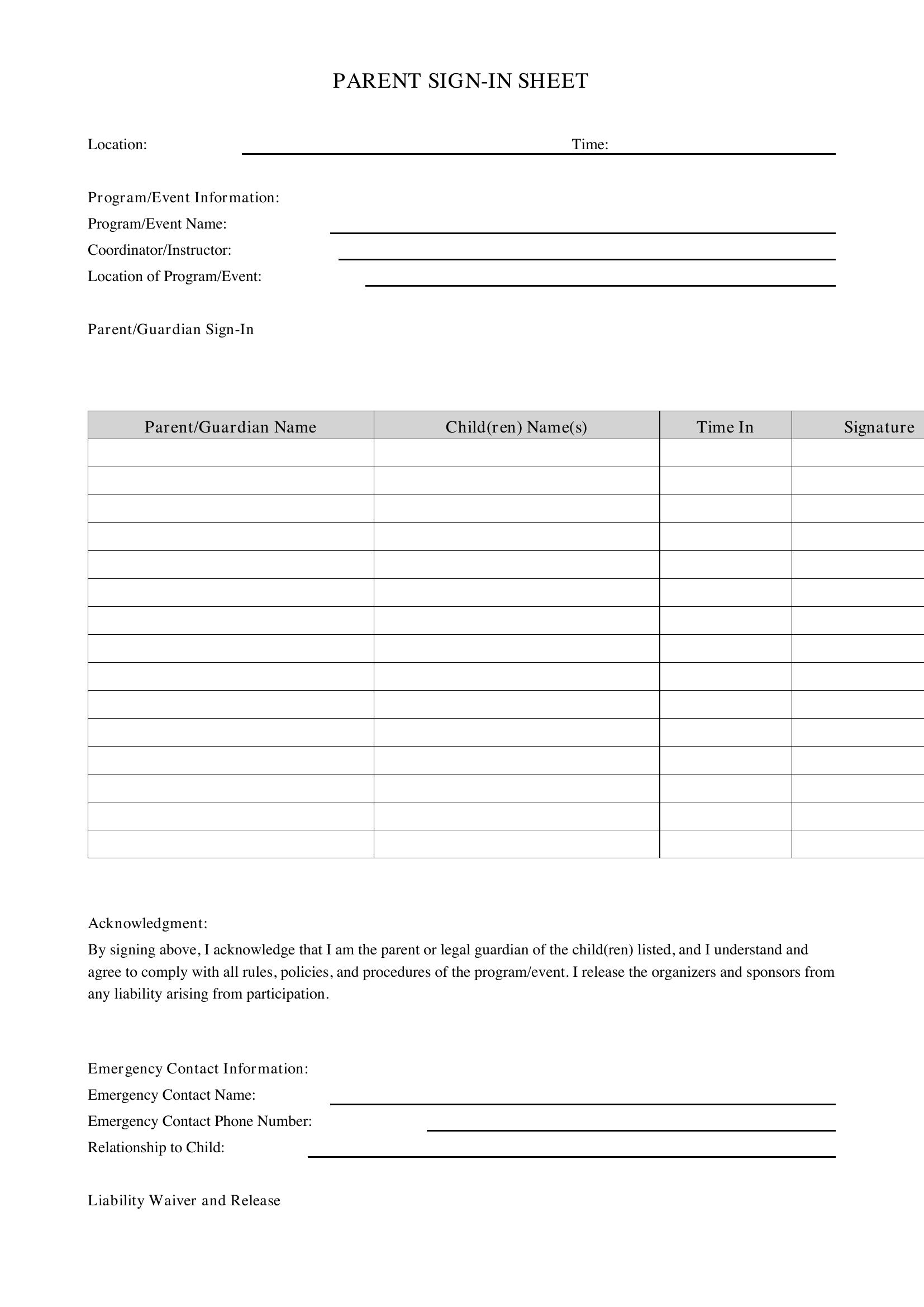 Parent Sign In Sheet Template
