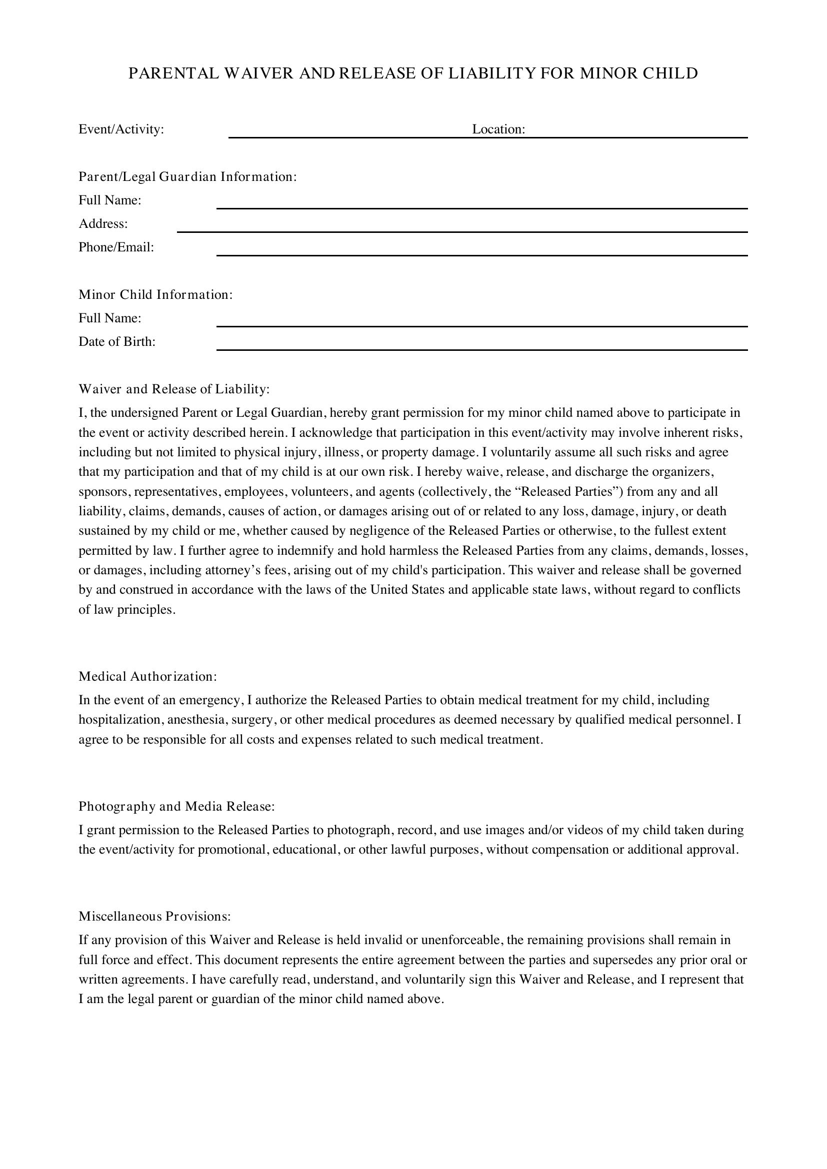 Parent Waiver For Child Template
