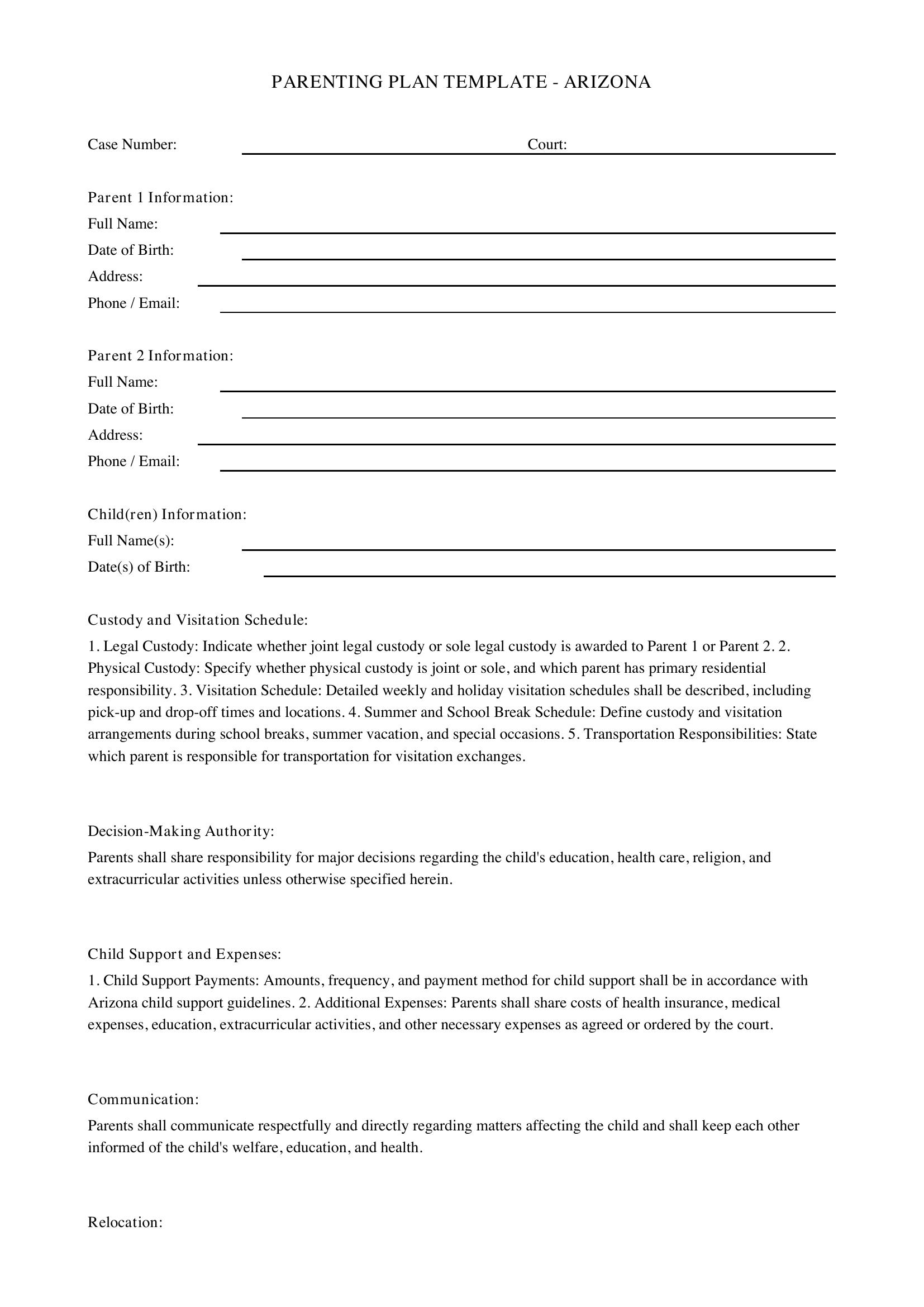 Parenting Plan Template Arizona