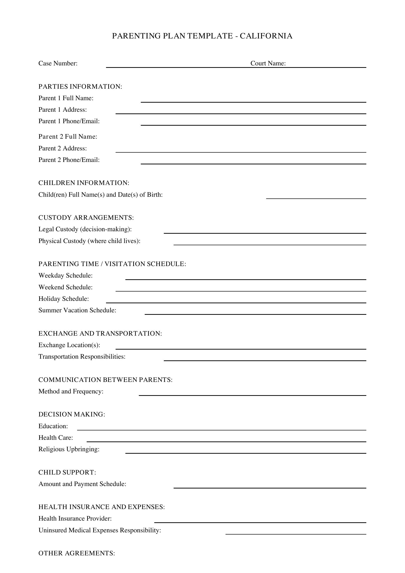 Parenting Plan Template California
