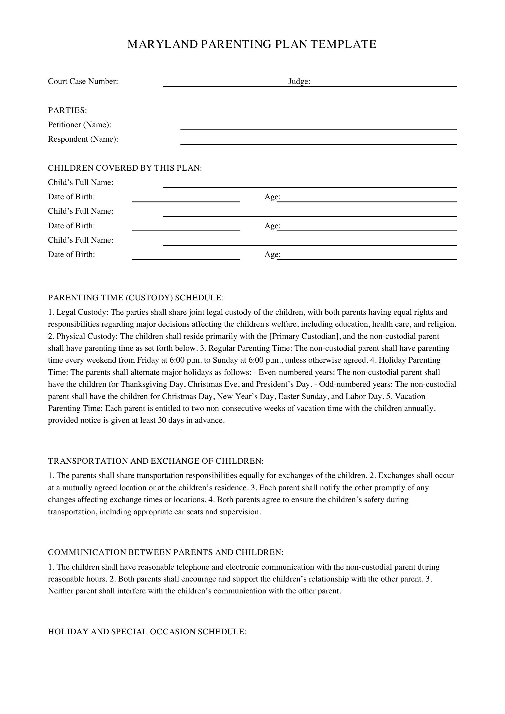 Parenting Plan Template Maryland