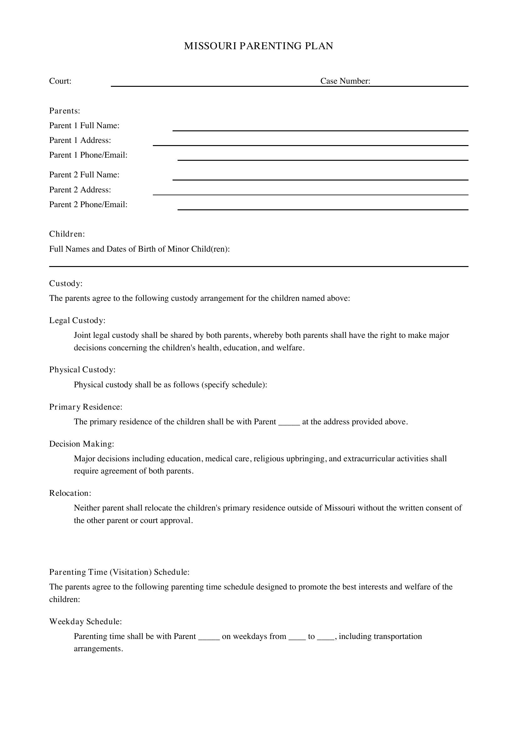 Parenting Plan Template Missouri