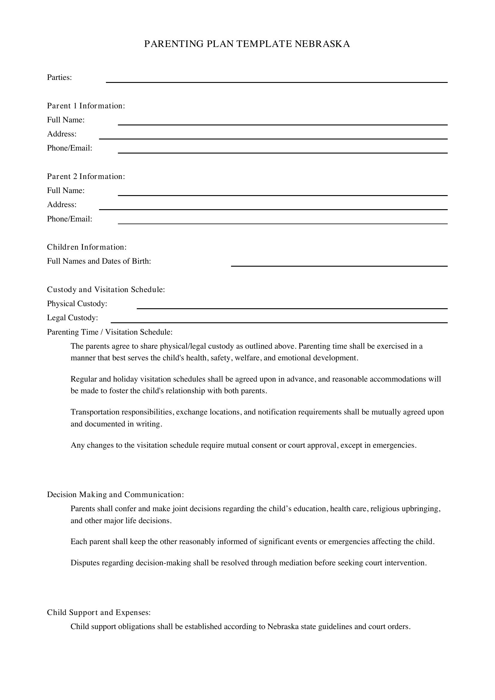 Parenting Plan Template Nebraska