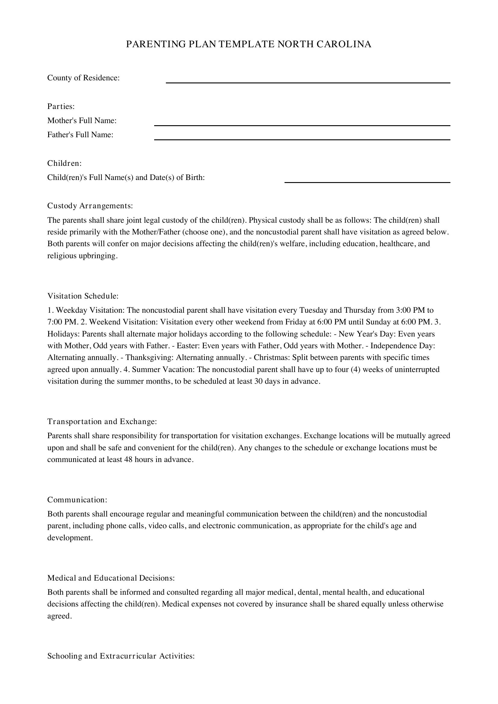 Parenting Plan Template North Carolina